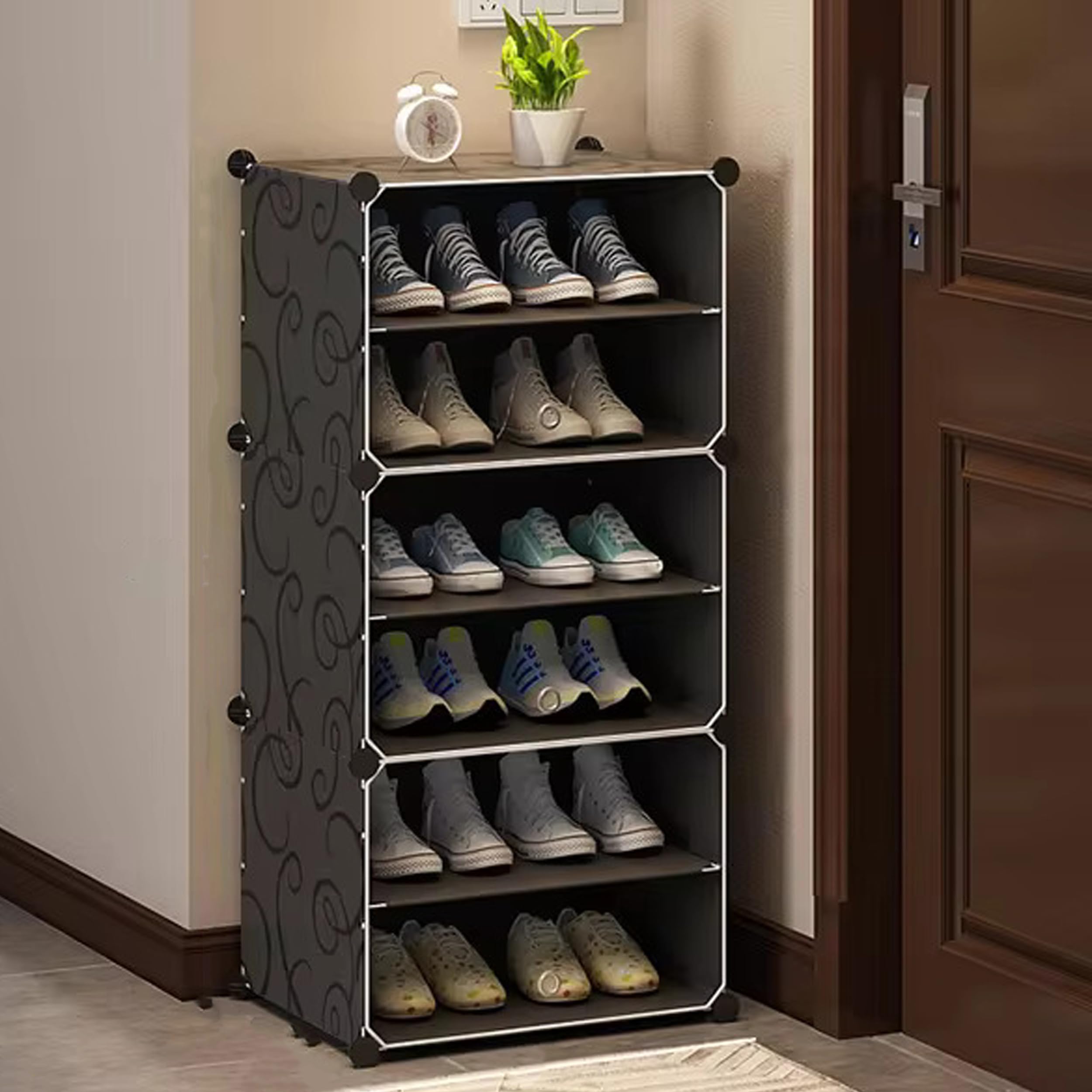 Zemic 𝟔 𝐒𝐡𝐞𝐥𝐟 Plastic Shoe Rack for Home with 𝟑 𝐃𝐨𝐨𝐫 | Foldable Modular Storage Rack | Dustproof Waterproof Shoe Organizer | Space Saving Footwear Stand for Home, Bedroom, Entryway【Black】
