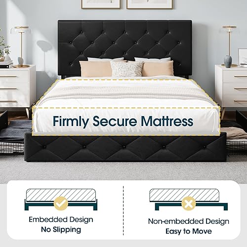 Miniatura 31 de WEEWAY Base de cama de plataforma tamaño Queen con 4 cajones de almacenamiento, cabecera capitonada con botones de costura de diamante, base de