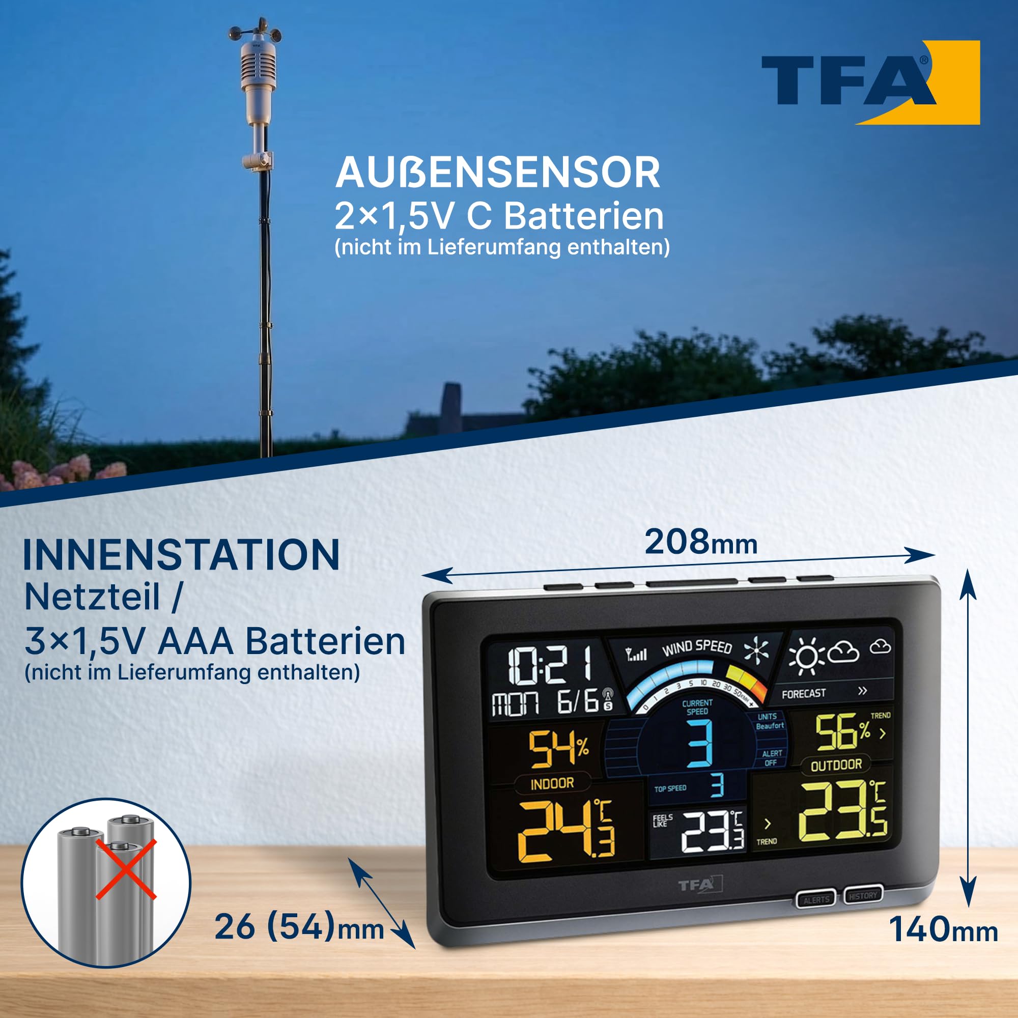 TFA Dostmann Spring Breeze Funk-Wetterstation, 35.1140.01, inkl Windmesser, mit Farbdisplay, Wettervorhersage mit Alarmgrenzen/Symbolen, inkl Funkuhr, Historie, Windgeschwindigkeit, Taupunkt, schwarz