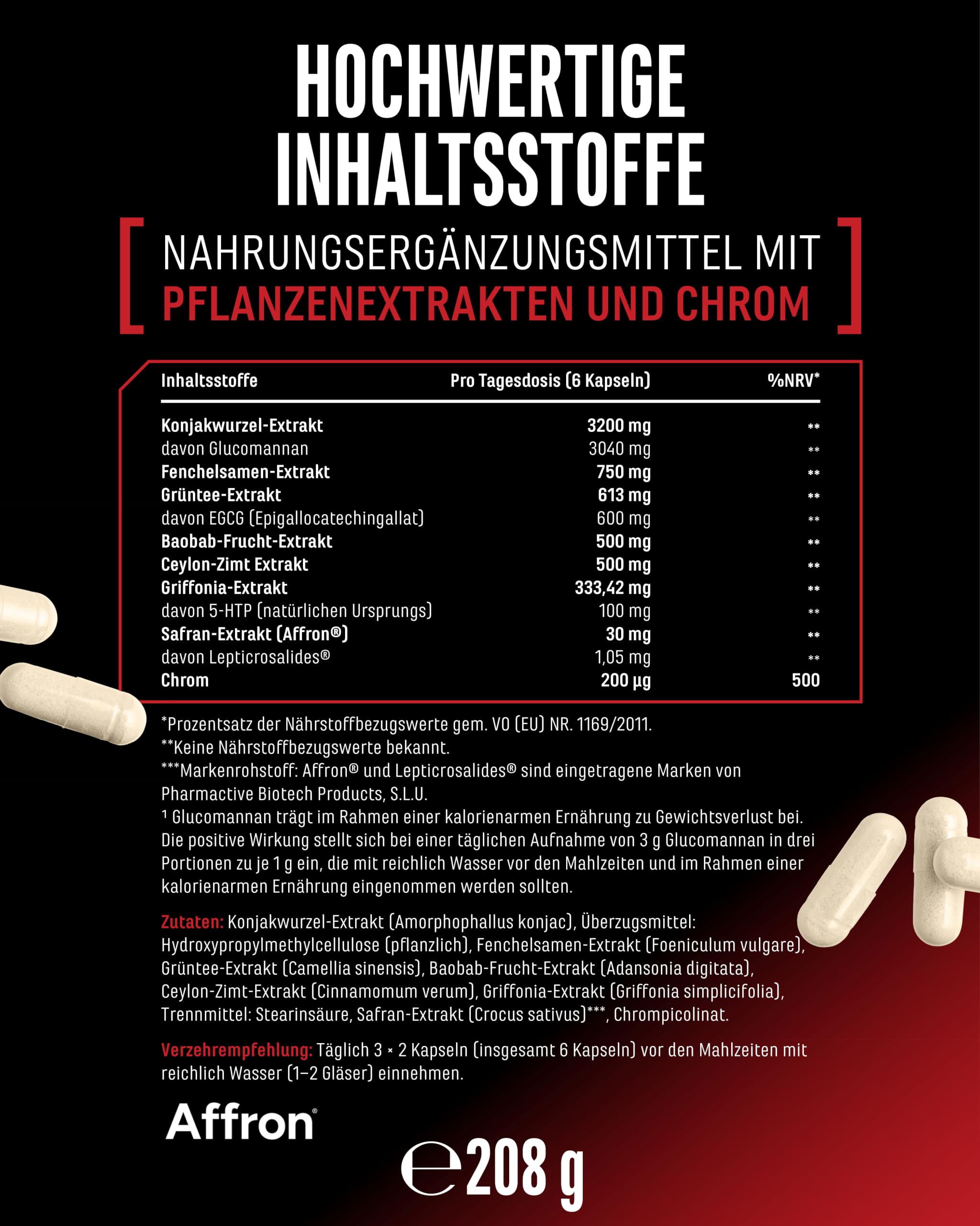 GEN GERMAN ELITE NUTRITION Crave Control Appetite Suppressant - 180 Kapseln | Affron® & Glucomannan, Grüntee Extrakt, Chrom, Ceylon Zimt, Weißer Weidenextrakt, Laborgeprüft, Vegan