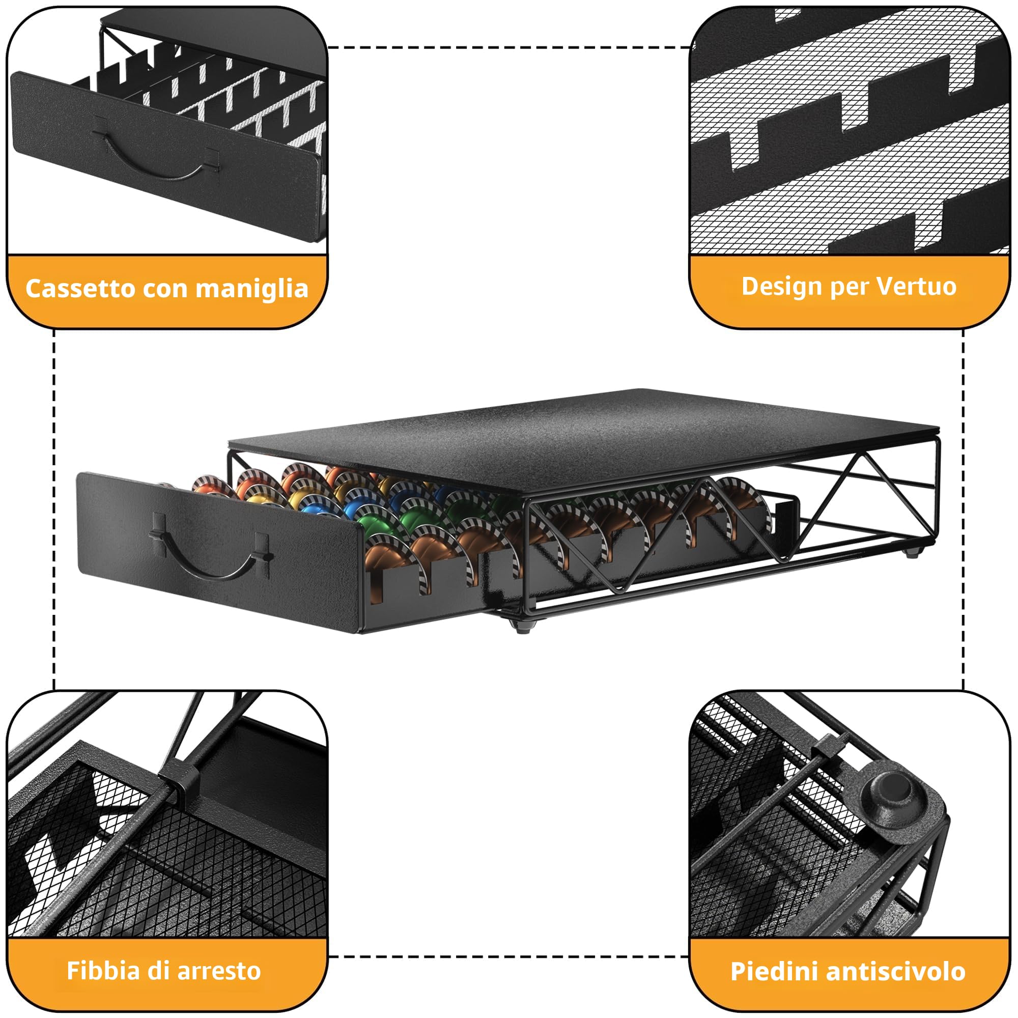 HFHOME Nespresso Vertuoline, porta cialde in metallo per 50 capsule e 50 cialde Dolce Gusto, organizer per cassetto