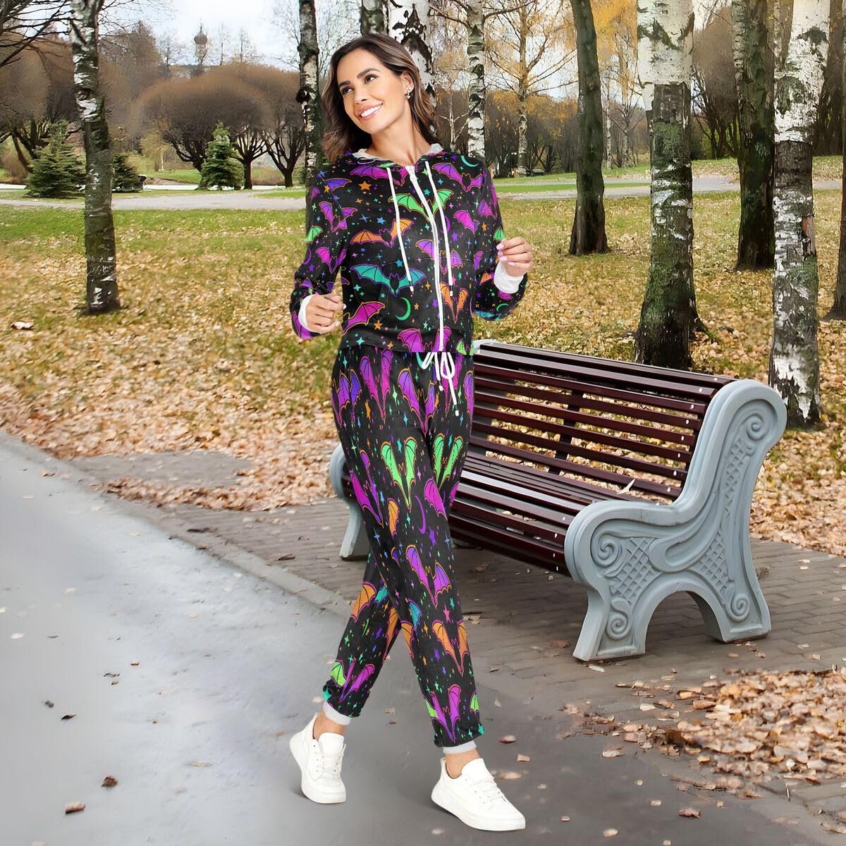 Conjunto deportivo de 2 piezas para mujer, diseño de murciélagos brillantes, multicolor, manga larga, para Halloween