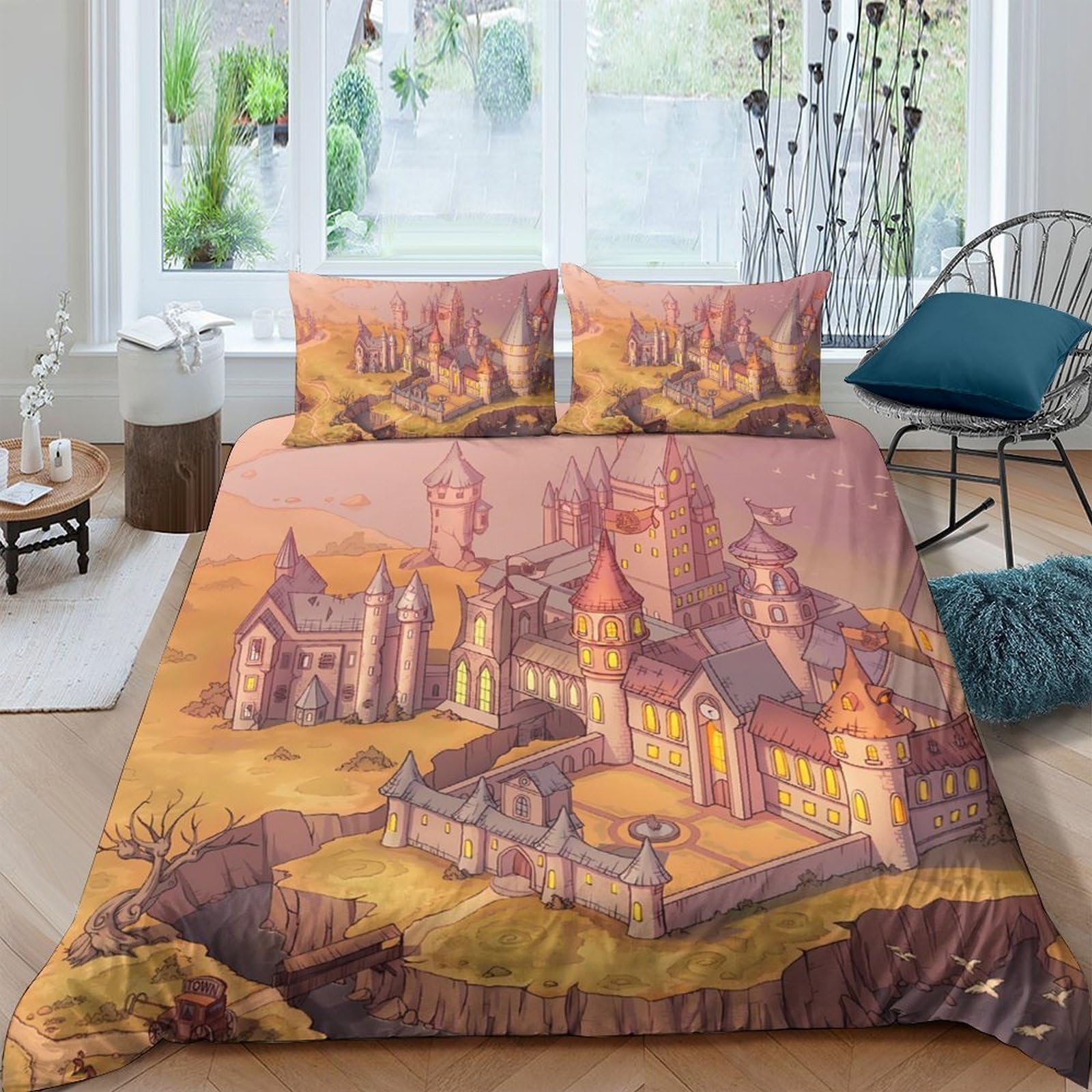 Ctjqhvkz Style-9 3D Printed Castle Landscape Fitted Sheet Microfiber Soft Art Medieval Fortress Bed Cover For Bedroom Guest Room Decor Single（135X200cm）