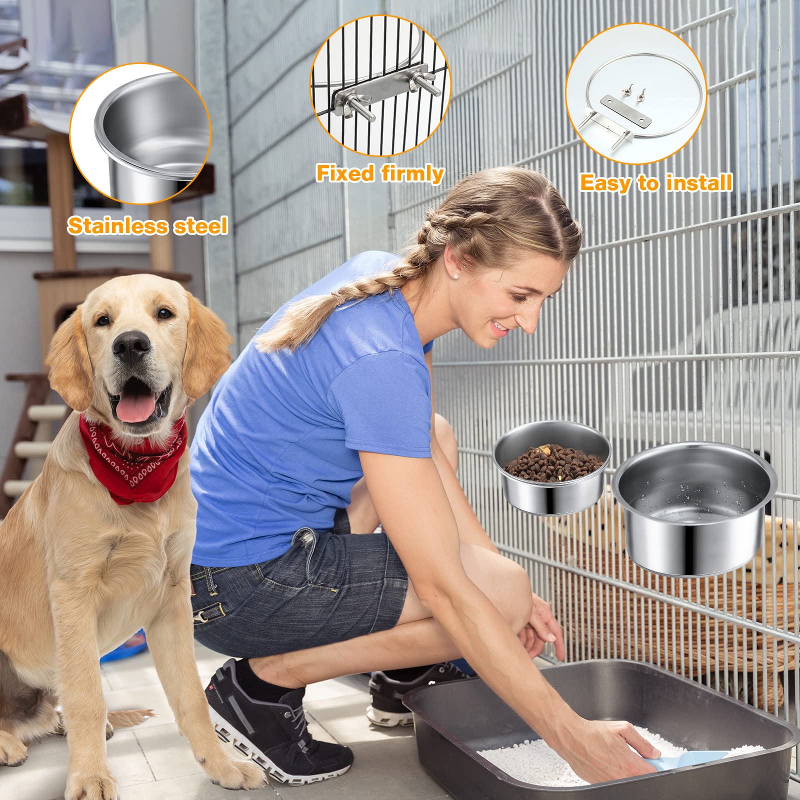 Zopeal 6 tazze da cucina in acciaio inox per animali domestici, con supporto per morsetto, per gatti, cani, casse, gabbie, canili, 2 misure