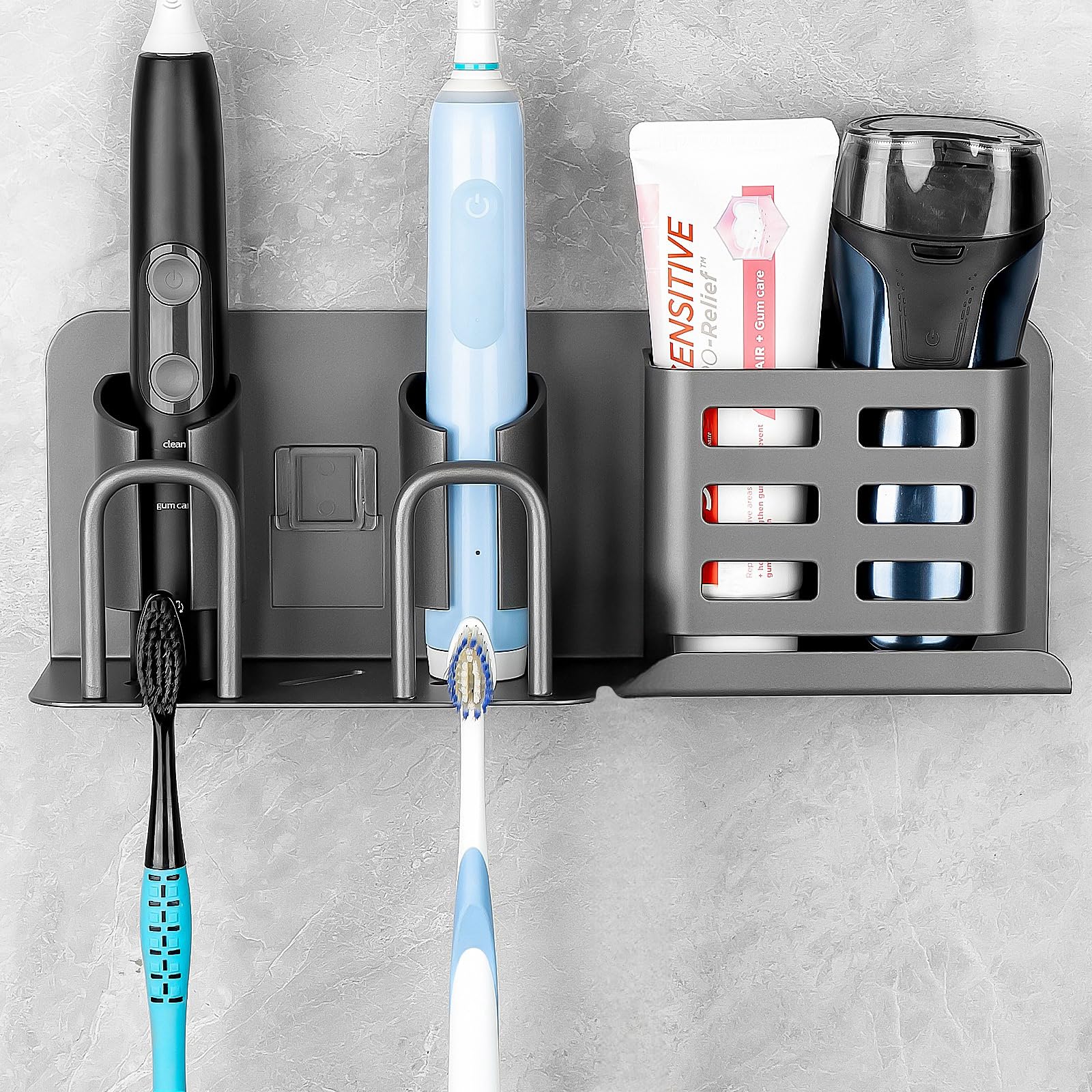 Adorila Grey Adorilay Aluminum Alloy Electric Toothbrush Holders, Wall Mounted Bathroom Organizers And Storage With 2 Slots, Multipurpose Bathroom Accessories Organizer For Toothpaste, Electric Razor (Grey)
