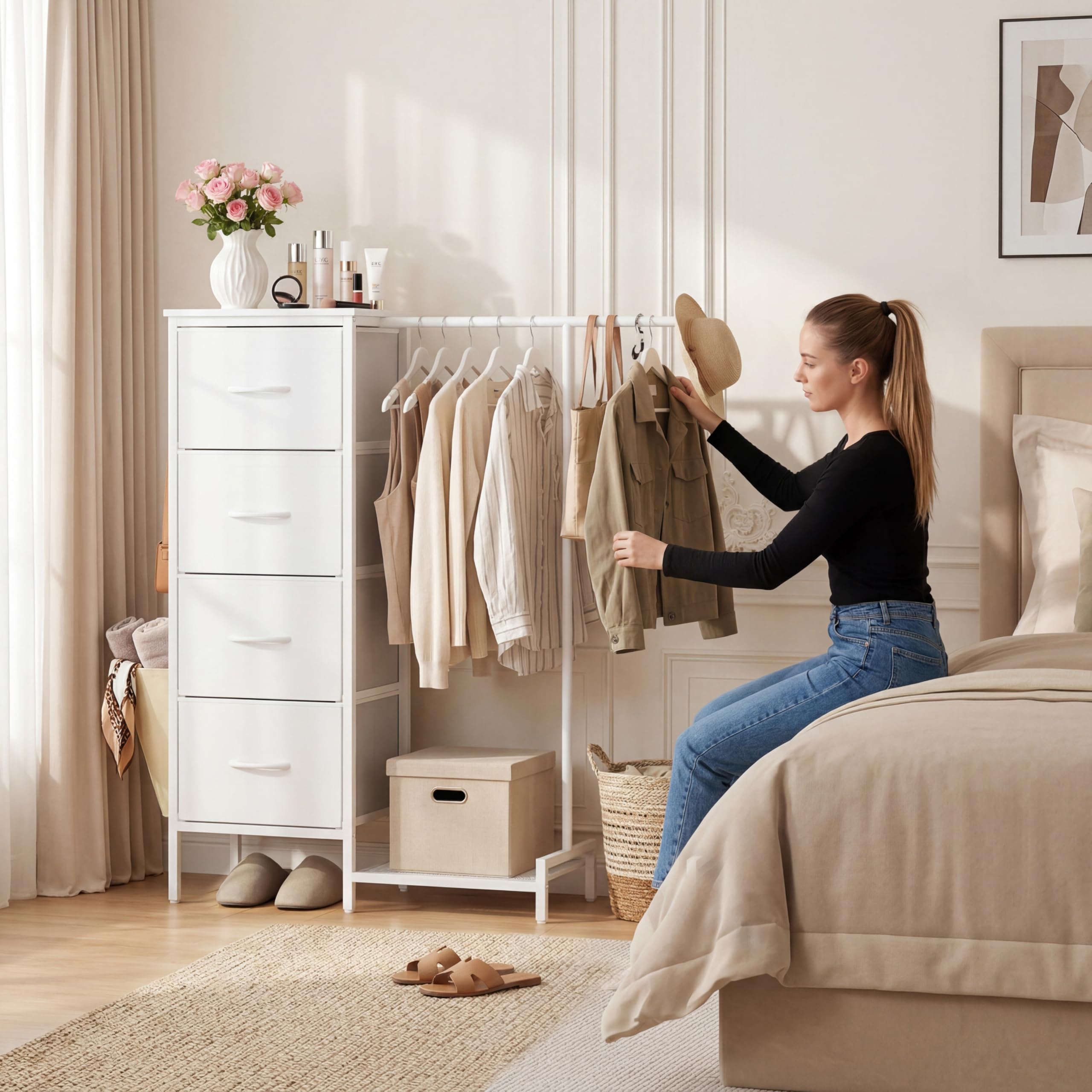 Kommode mit 4 Stoff Schubladen und Kleiderstange, 110cm Hoch Stabil Komodenschrank Schmaler Kleiderschrank für Schlafzimmer Flur Kinderzimmer, Platzsparender Wäscheschrank mit Schuhablage, Weiß