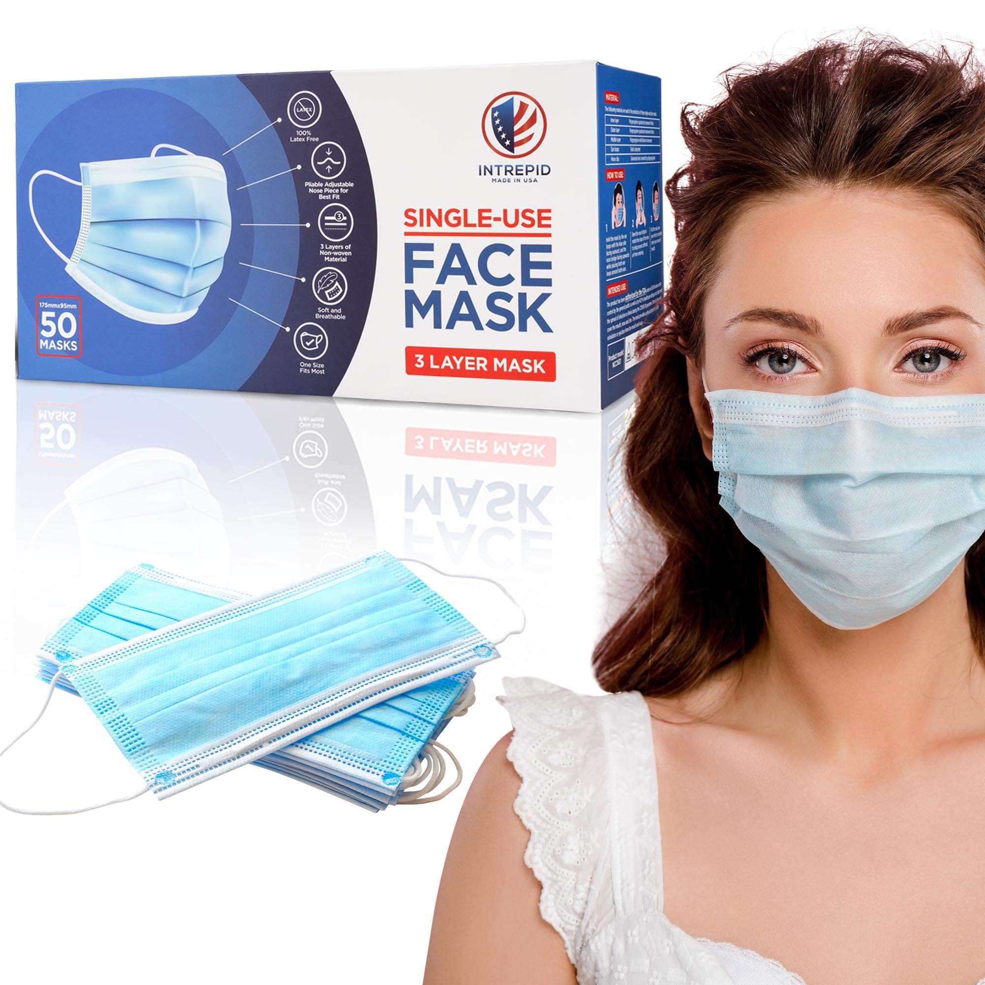 INTREPID USA Made Disposable Face Masks - 3Ply Single Use Face Mask 50-Pack Protective 3- Layer Face Covering with Comfy Earloop Straps - Soft and Breathable facial Covers with Adjustable Nose Bridge
