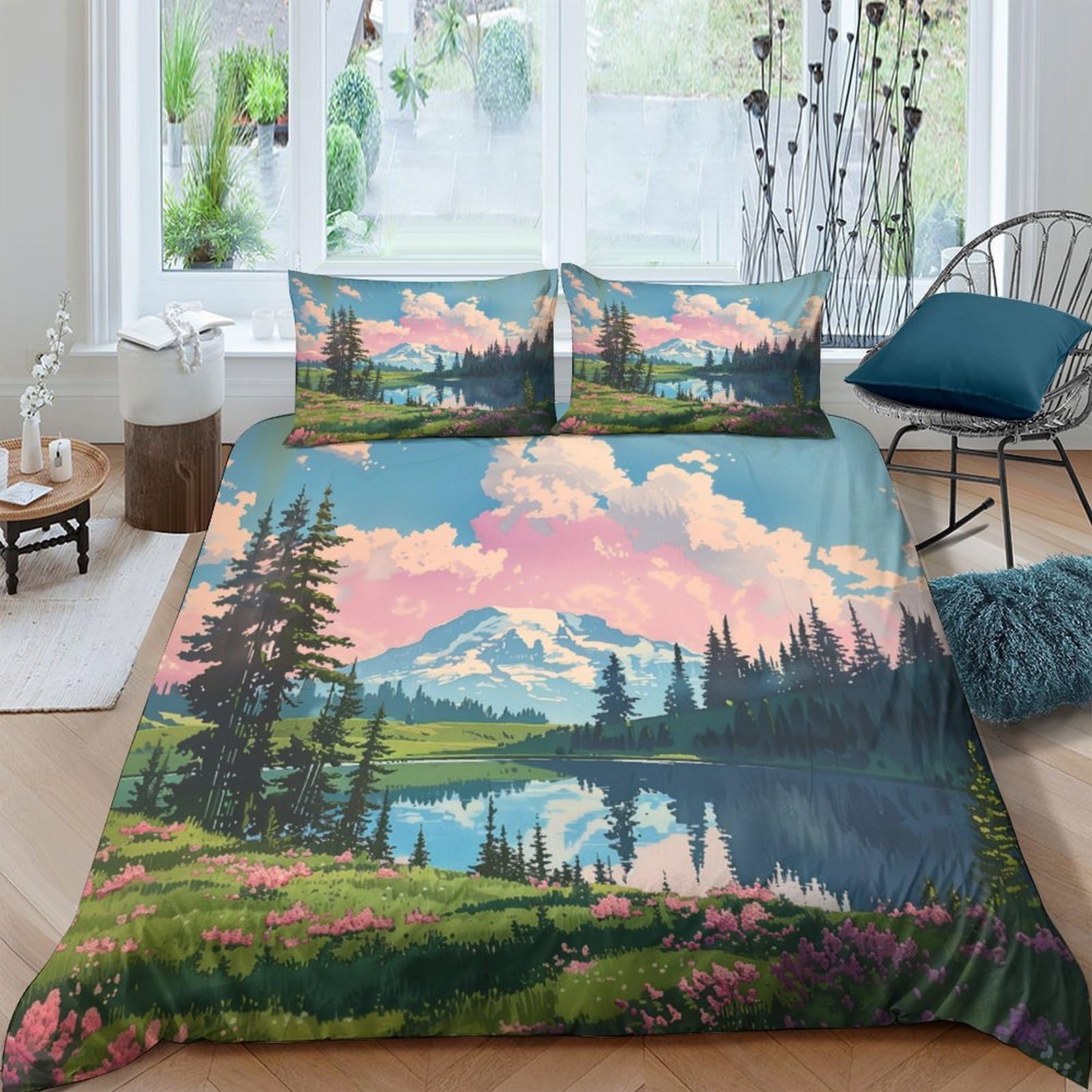 Ctjqhvkz Style-1 3D Printed Mountain Lake Fitted Sheet Microfiber Breathable Forest Sunset Bed Cover For Bedroom Guest Room Decor Single（135X200cm）