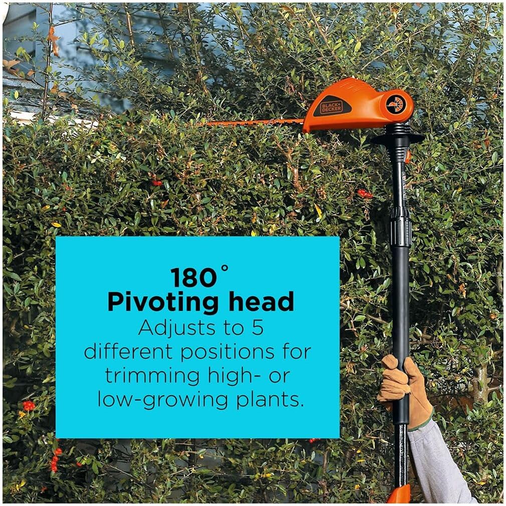BLACK+DECKER 20V MAX Pole Hedge Trimmer Cordless with Battery and Charger, 18-Inch Dual Action Blade Power Hedge Trimmer, Extended Long Reach Hedger Up to 11 Ft, 180 Degrees Pivoting Head (LPHT120)