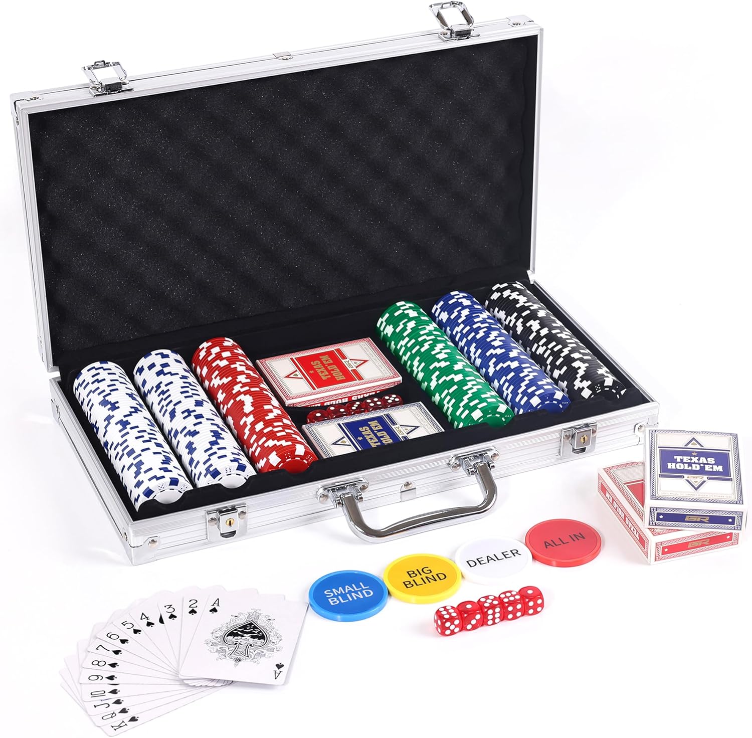 300 Pcs Poker Chips Set for Texas Holdem, 11.5g Clay Chips with Aluminum Carrying Case, Playing Cards & Game Buttons