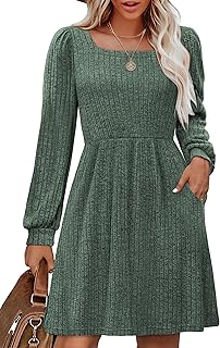 Womens Knit Sweater Dress with Pockets Square Neck Long Sleeve Dresses - Buy now