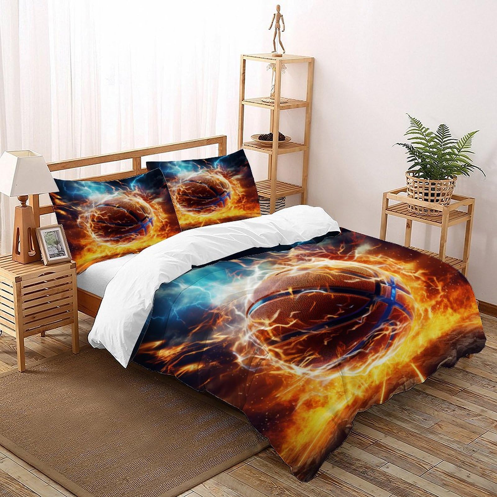 Housse de couette basket-ball flamme microfibre qui ne délave pas pour lit double 3 pièces
