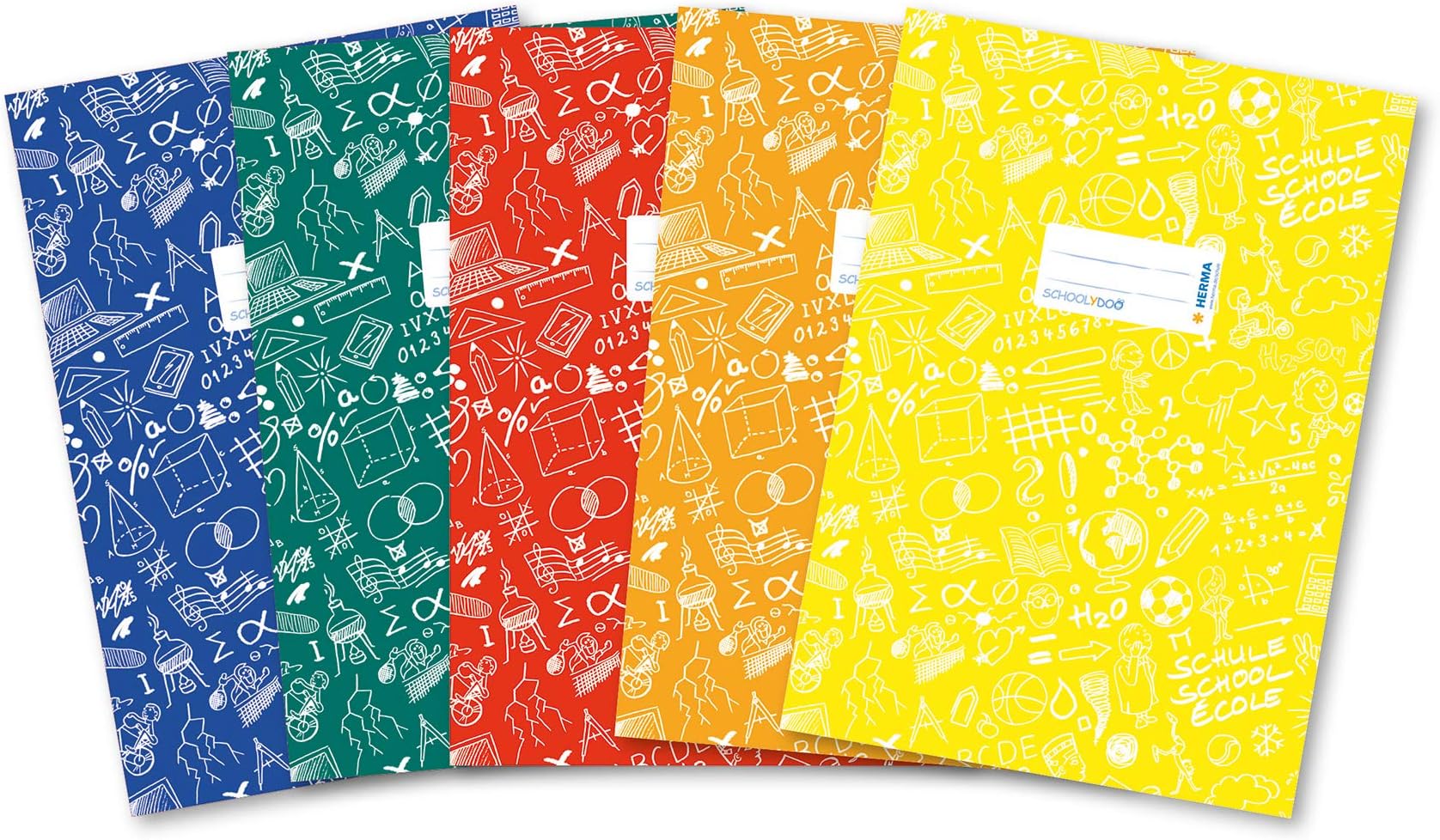 HERMA Exercise Book Cover A4 SCHOOLYDOO design, with inscription label, made of wipeable and sturdy plastic, slip on cover jackets for school, pack of 5, assorted colours, 20211