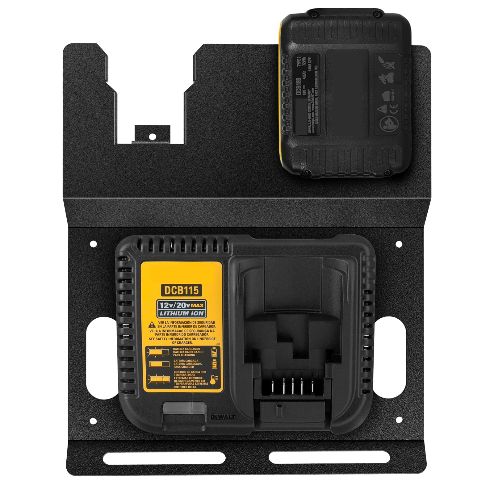 Soporte de pared para batería DeWalt de 20 V y cargador DCB115, de metal resistente, color negro, 2 soportes para batería y cargador para espacio de herramientas y garaje