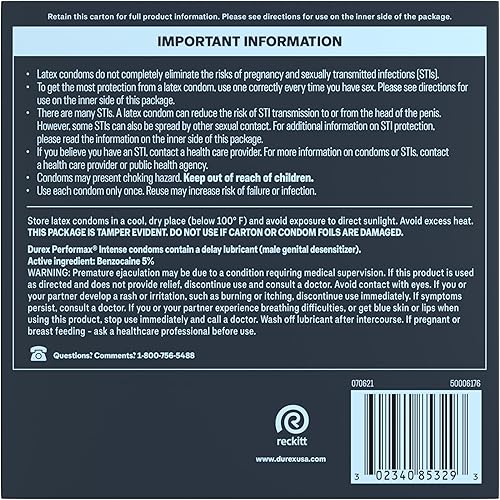 Miniatura 20 de Condones de látex natural intenso de Durex Performax, ultra finos, corrugados, hechos con lubricante para retardar.