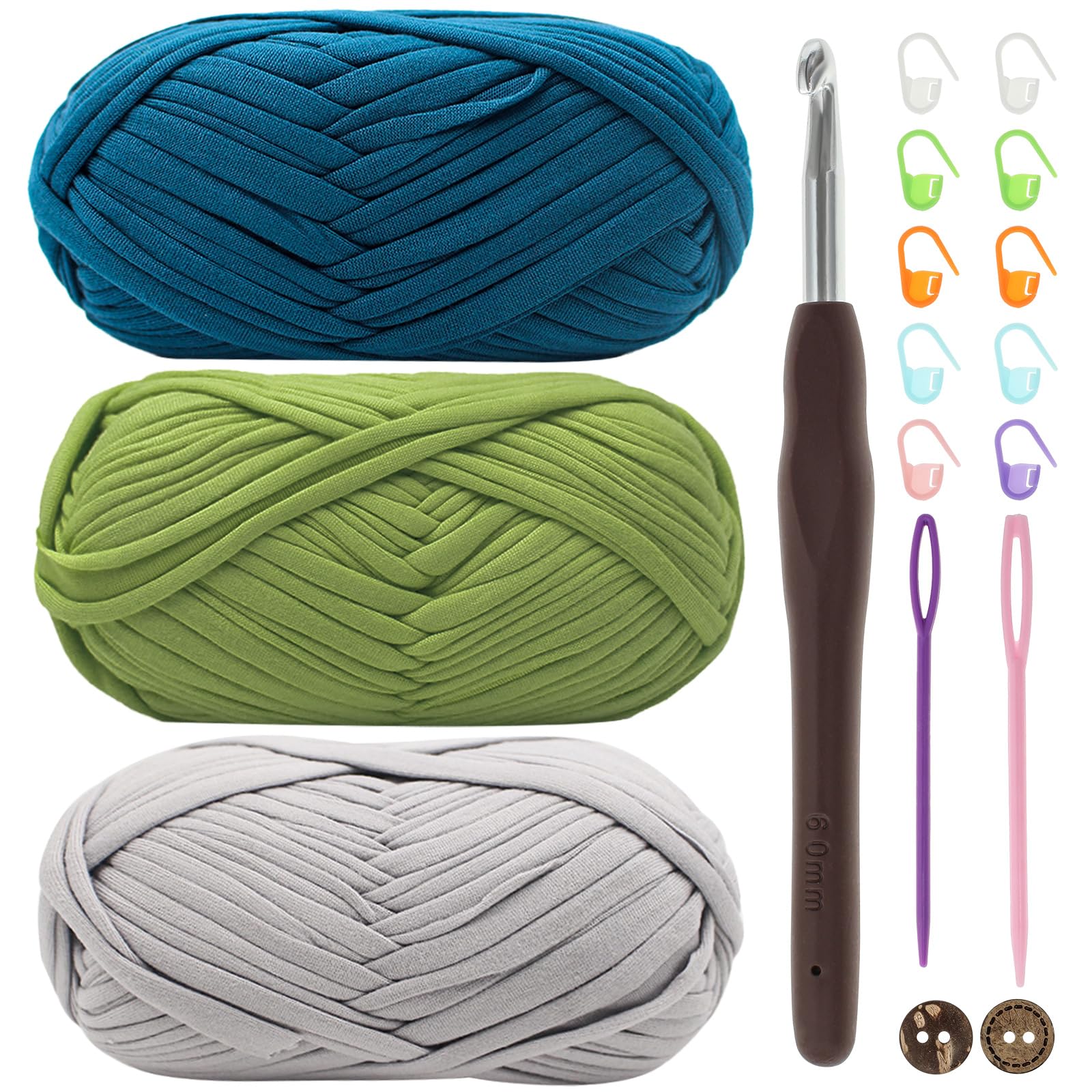 T-shirtgaren om te haken, 3 x 100 g, grof haakgaren met 6 mm haak, perfect voor haakprojecten - beginner, vriendelijke elastische stof voor doe-het-zelf ambachten