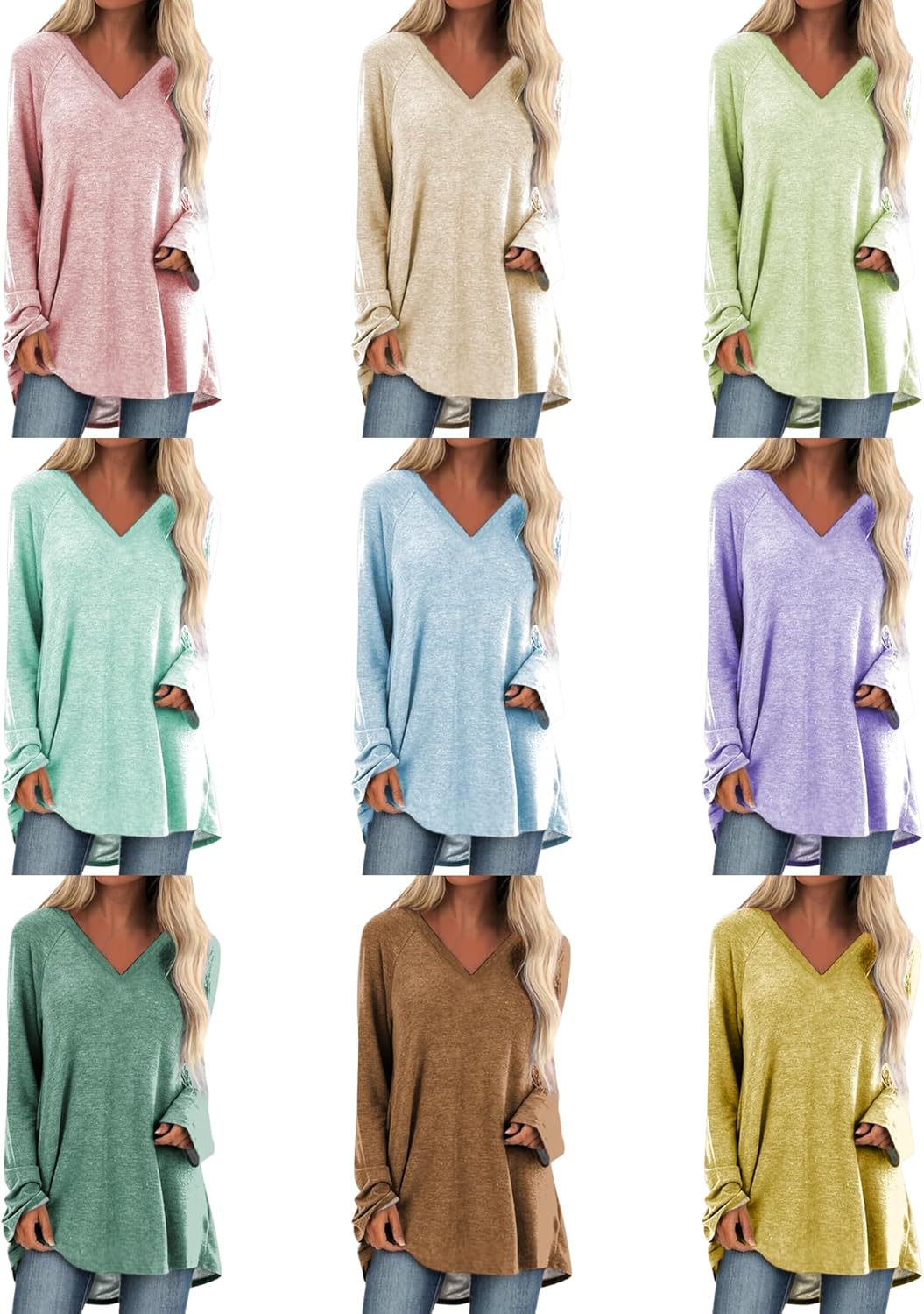 MARSVOVO Trendy Long Sleeve Shirts for Women Lightweight Plus Size Tunic V Neck High Low Baggy Casual Tops - Image 3