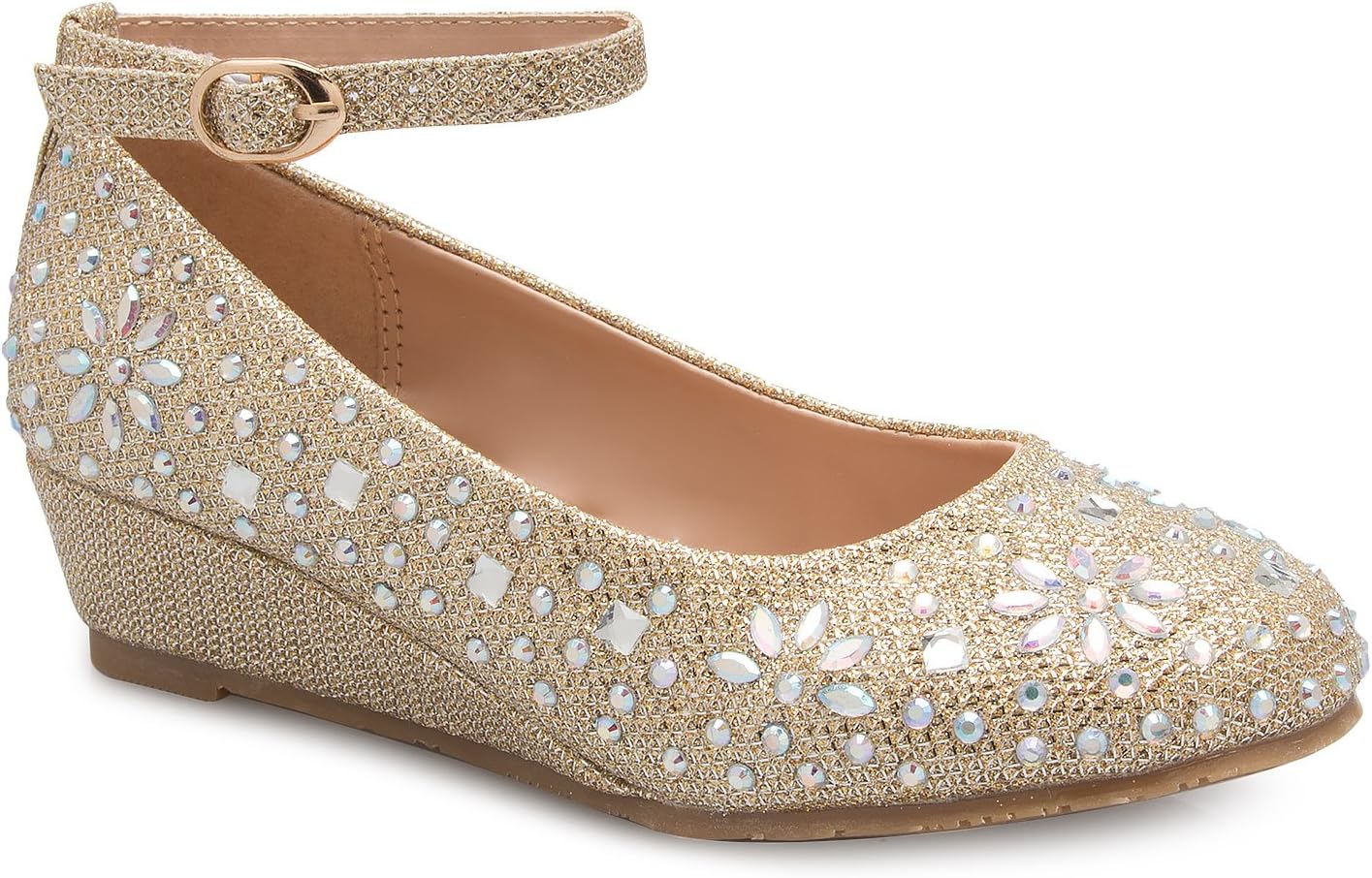 Olivia K Girl's Low Wedge Heel Ankle Strap Sparkly Rhinestone Shoes (Toddler/Little Girl)