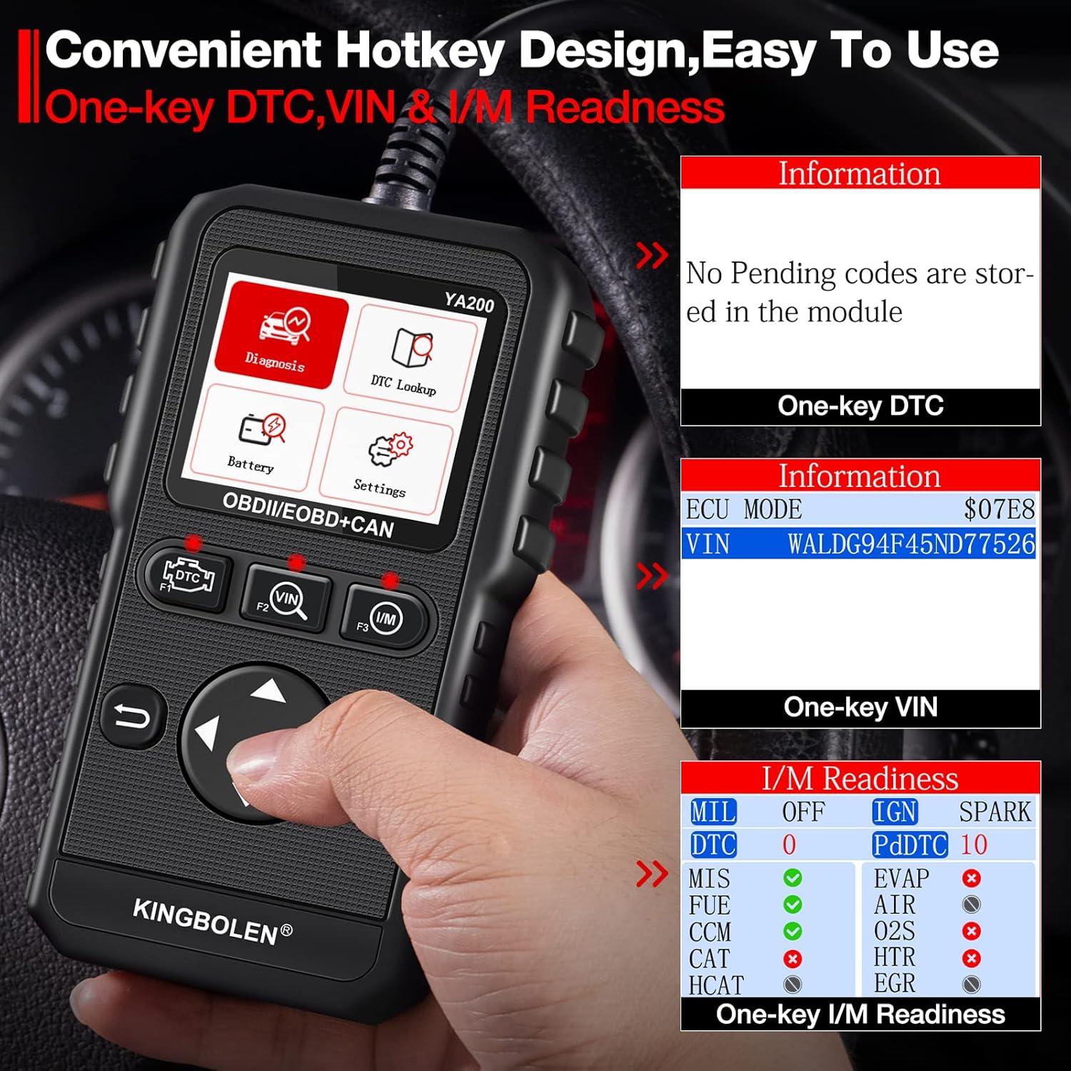 KINGBOLEN YA200 OBD2 Scanner showing hotkey functions for DTC, VIN, and I/M Readiness