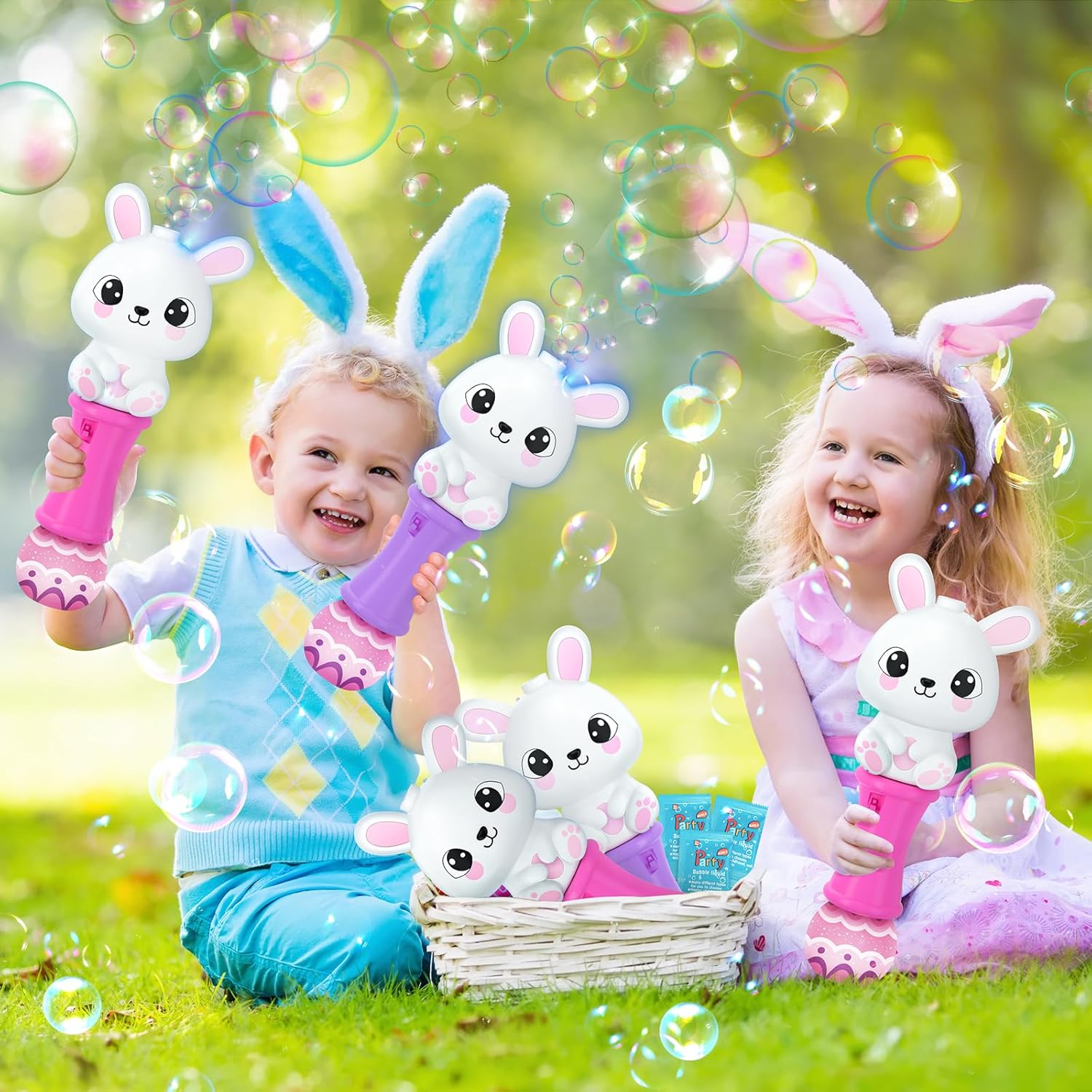 2 Pack Easter Bunny Bubble Wand for Kids, Automatic Bubble Machine with LED Light, Easter Basket Stuffers for Toddler, Gifts for Kids Girls & Boys, Party Favors, Bubbles Toys for Toddlers