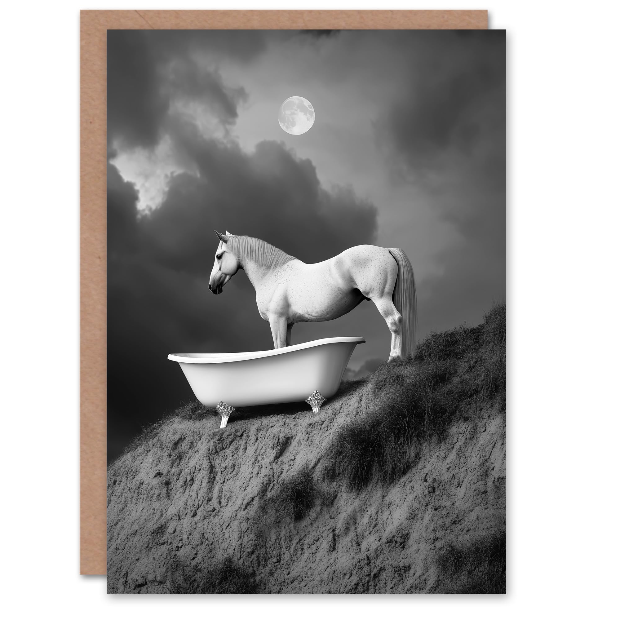 Artery8 Greeting Card Horse Bathtub Full Moon Cliff Surreal Black White Blank For Him Or Her Art Birthday Card