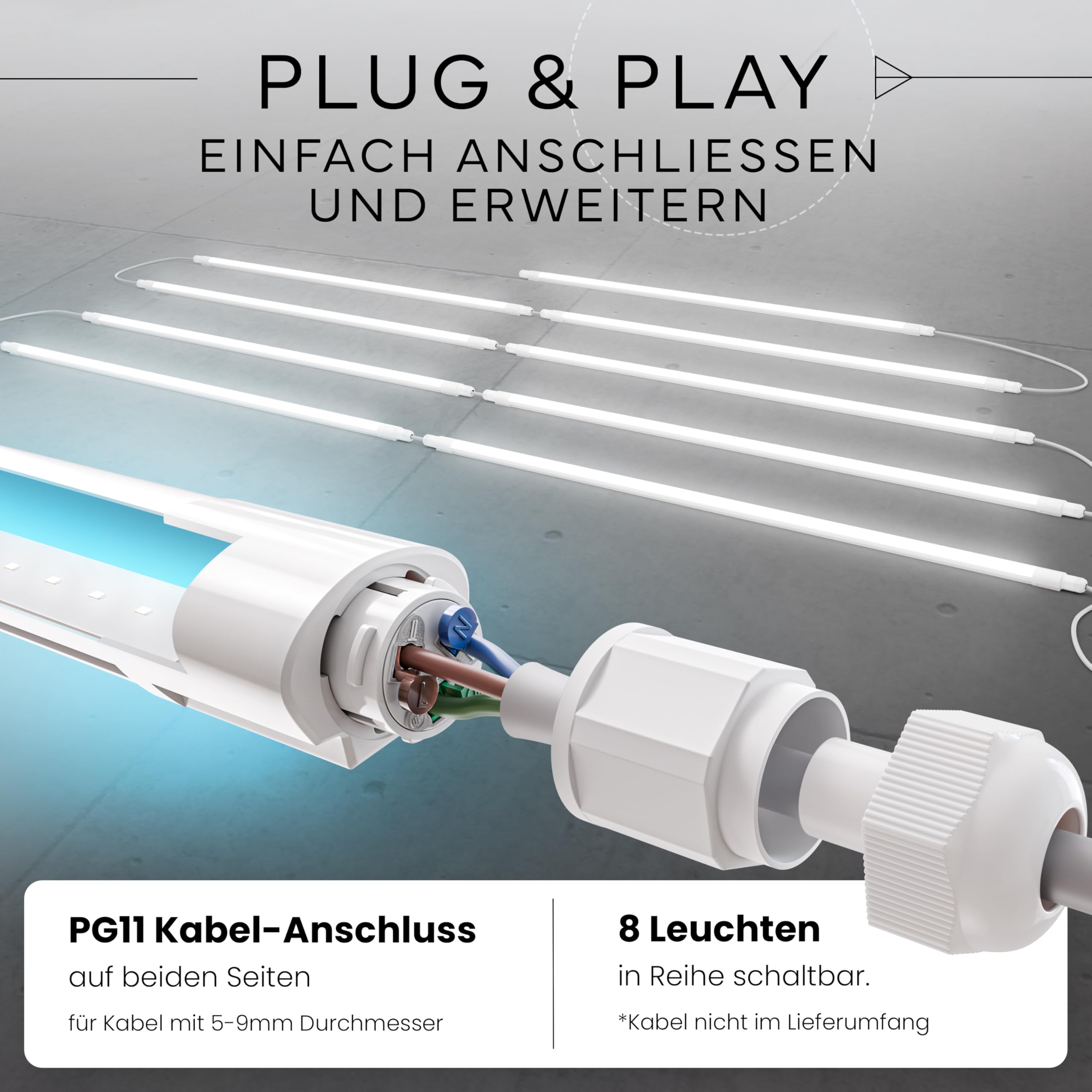 MATO® 12x Feuchtraumleuchte LED 150cm - Wasserdicht IP65, 40W, 5760lm - 6500K Kaltweiß - Verknüpfbare Feuchtraumlampe - Wannenleuchte, Kellerleuchte, Garagenlampe, Werkstatt Deckenleuchte Lang