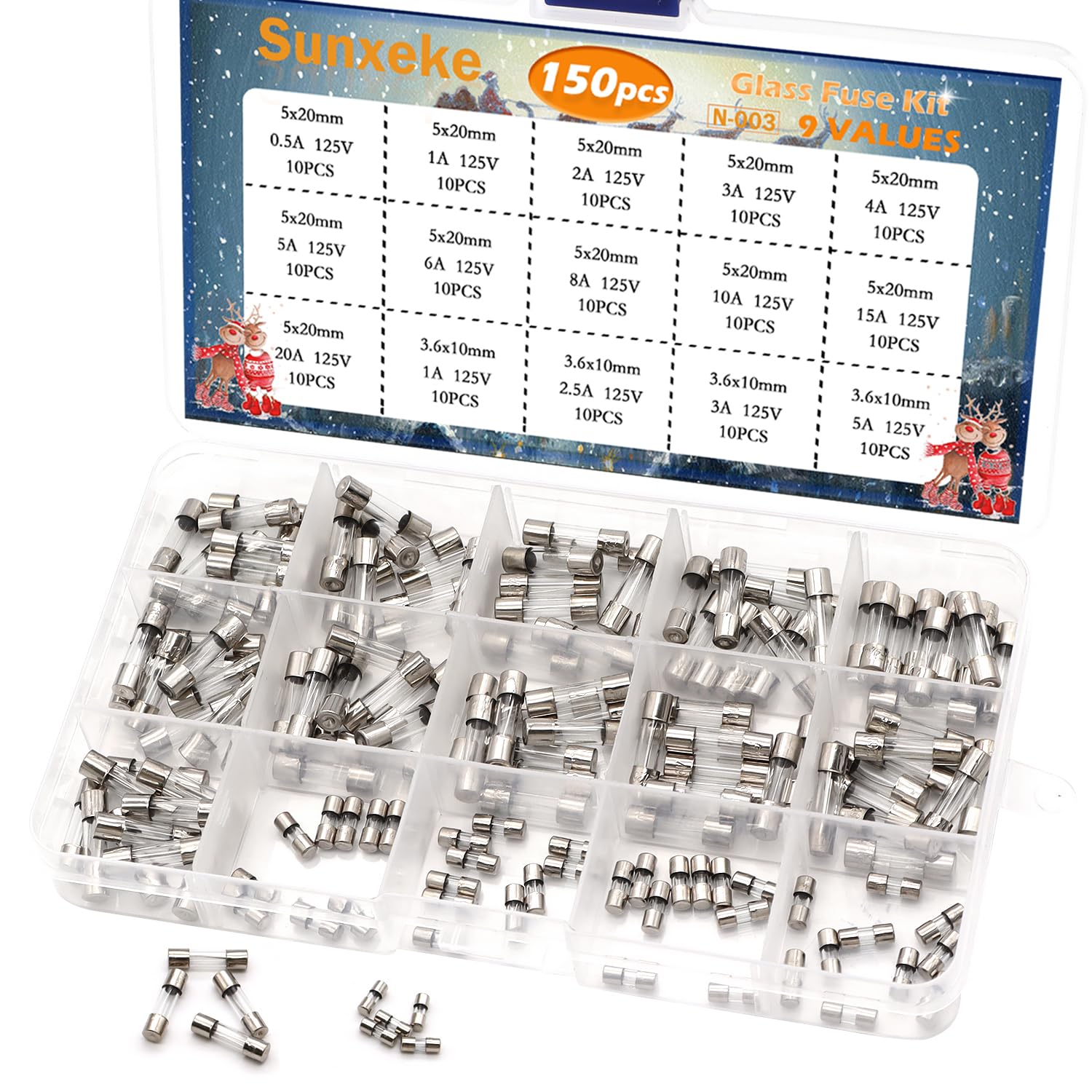 Sunxeke 150Pcs Christmas Light Fuses 15 Values 125V Fast Blow