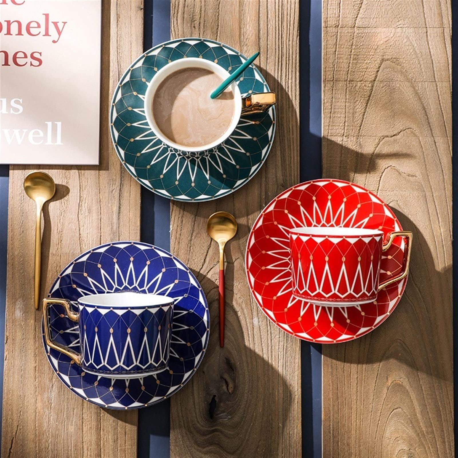 Tasse à Café Céramique Luxe 200ml - Set Anglais Fleuri Avec Soucoupe Et Cuillère - Bleu