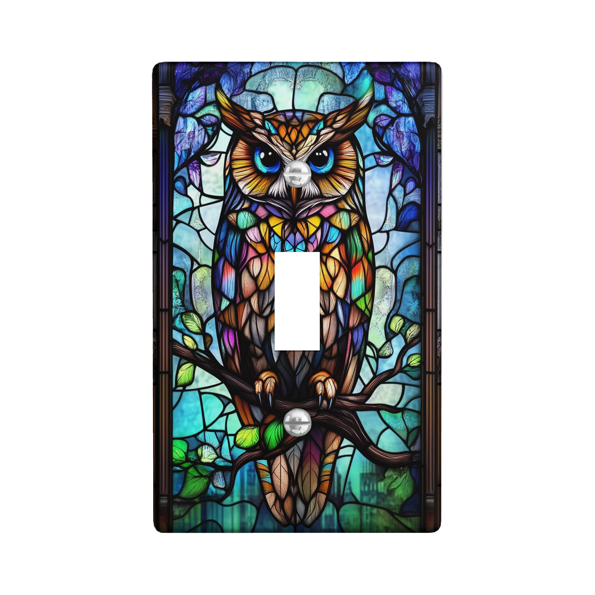 Stained Glass Owl Light Switch Cover Plates/Outlet Covers, Colorful Owl Illustration for Home Décor, Thermoplastic Wall Plates, Standard Size Single