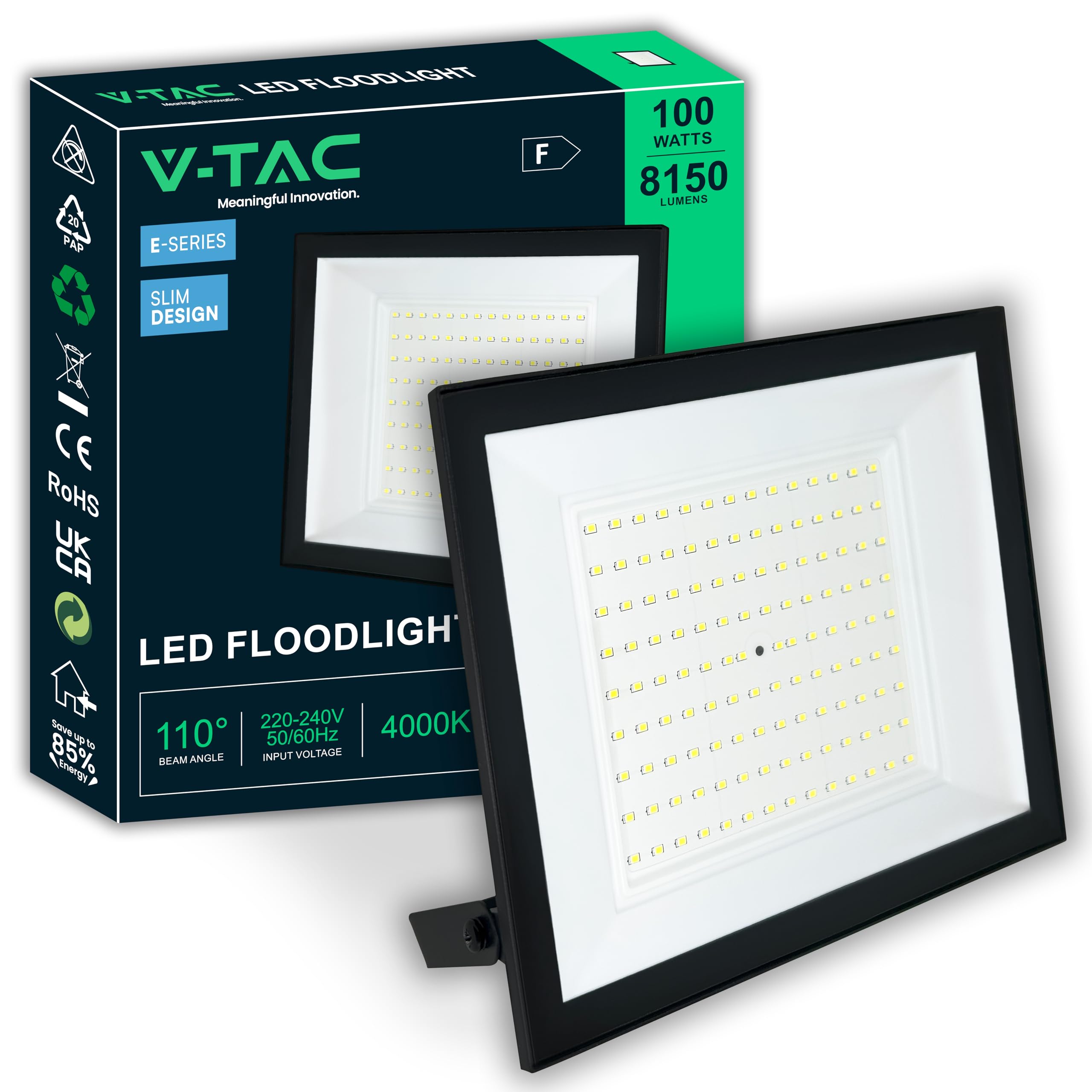 V-TAC Faro LED da Esterno 100W - [ E-SERIES - Alte Perfomance, Bassi Consumi ] - 8150 Lumen - Super Slim Design - IP65 - Proiettore per Casa, Garage, Magazzino - Impermeabile - Luce Naturale 4000K