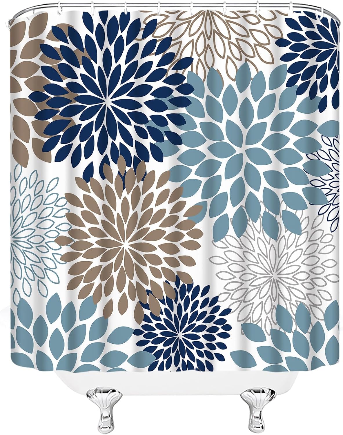 Dahlia Floral Shower Curtain Navy Blue Grey Brown Flowers Abstract Modern Chic Pinnata Simple Art Home Fabric Bathroom Decor Set Include Hooks,(70" Wx74.8 H)