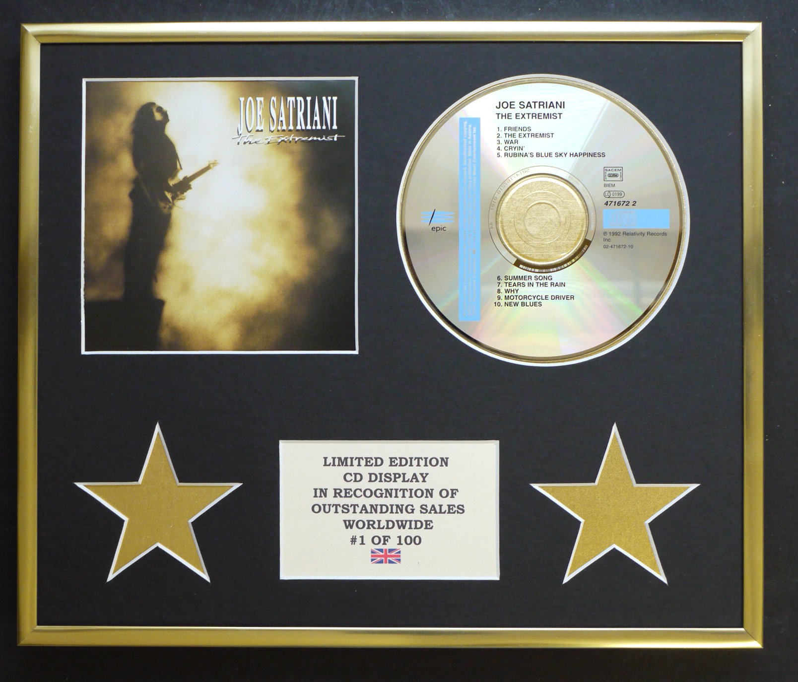 Limited Edition Cd Display Gold Joe Satriani/Cd Display/Limited Edition/Coa/The Extremist