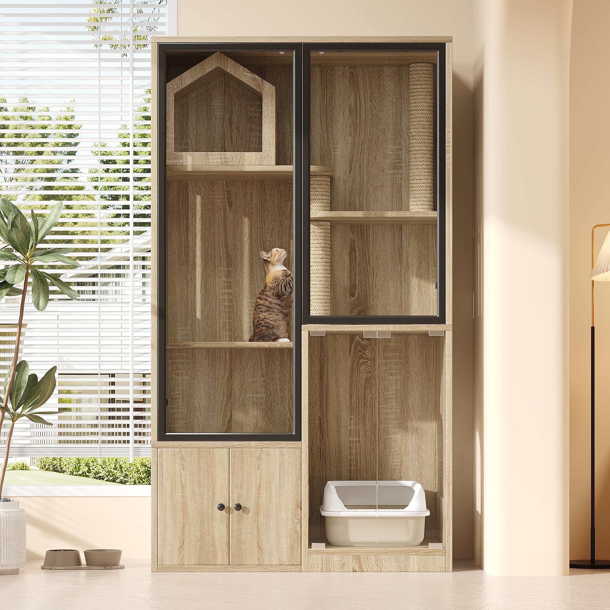 Grande gabbia per gatti 90x50x160 cm, villa per gatti a 4 piani con facciata in vetro, casa per gatti e casetta per piccoli animali resistente all'inverno, inclusa colonna per graffiare – per interni