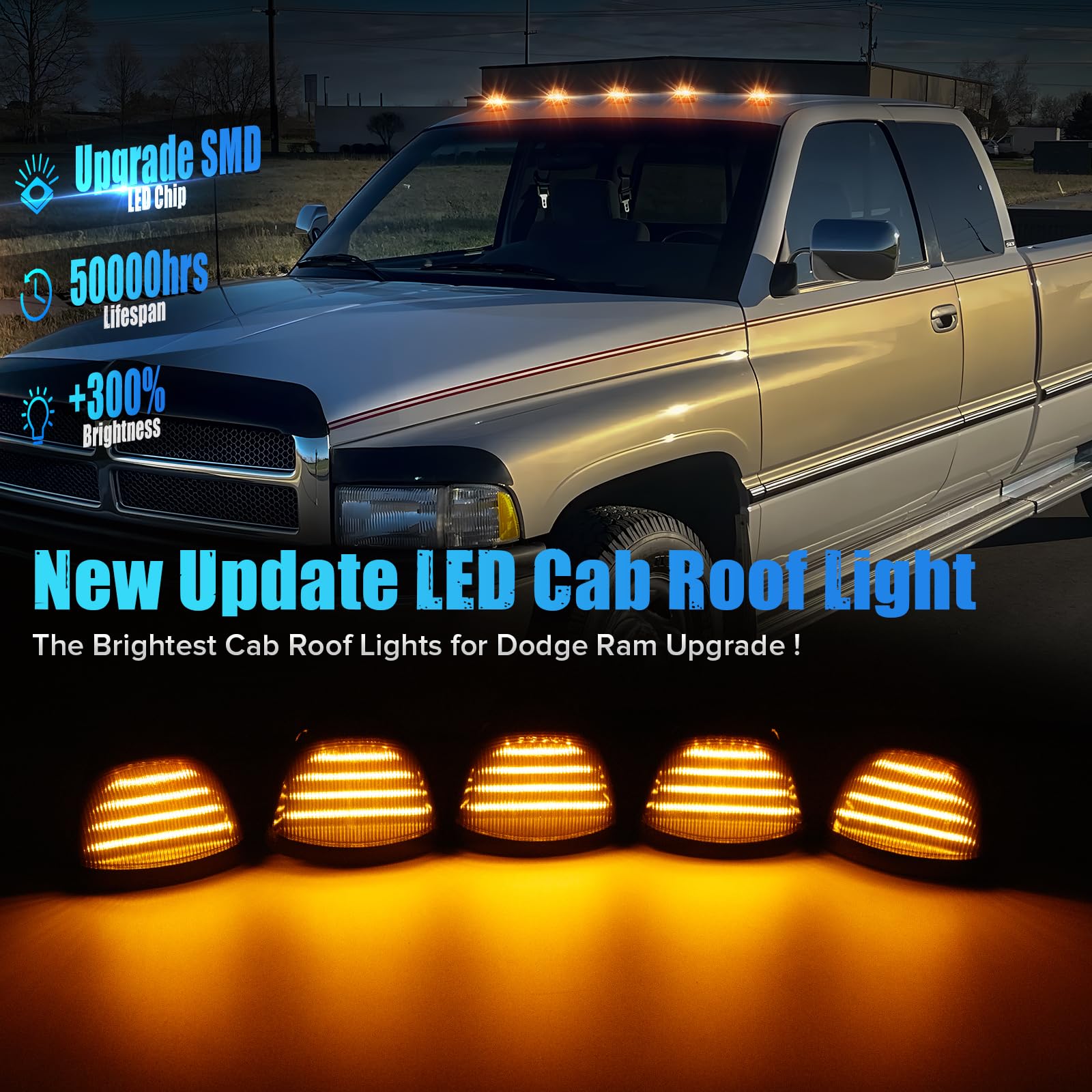 LUDARM 5PCS Amber Light Smoke Lens LED Cab Roof Marker Lights Compatible with 1994-1998 RAM 1500 2500 3500 Pickup Truck Roof Top Running Light