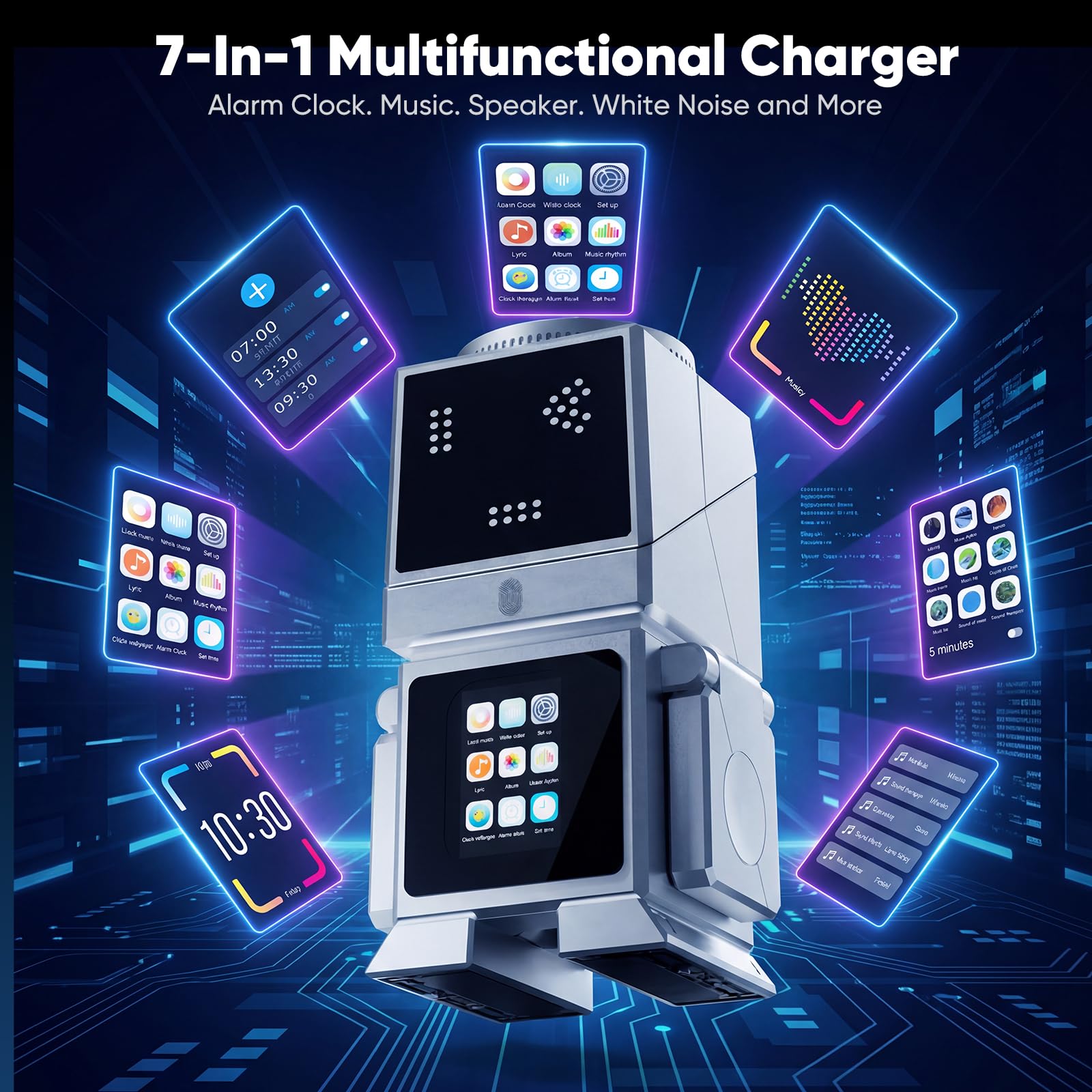 Robotic Station de charge sans fil 3 en 1 pour iPhone avec écran tactile LCD, haut-parleur Bluetooth, réveil, Qi2 25 W magnétique rotatif pour iPhone iWatch AirPods, adaptateur 45 W inclus, argenté