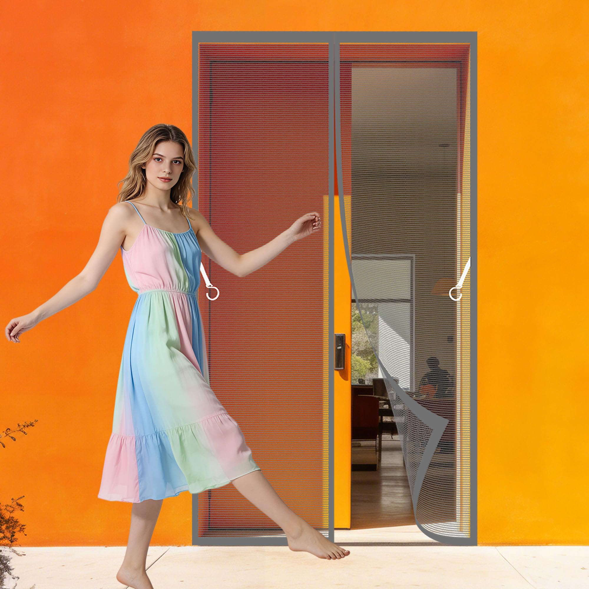 Fly Screens Doors 78 x 269 cm with Powerful Magnets and Full Frame Magic Tape Mosquito Double Door Keeps Bugs Out for Home, Bedroom, Living Room, Kitchen, Patio, Grey