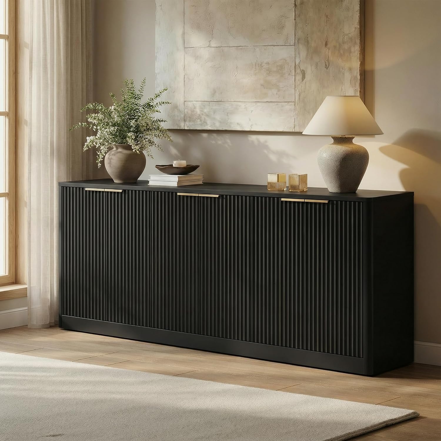 67" Fluted Buffet Cabinet Sideboard with Storage, Large Credenza with 6 Doors, Wood Mid Century Modern Sideboard for Kitchen and Living Room，Black