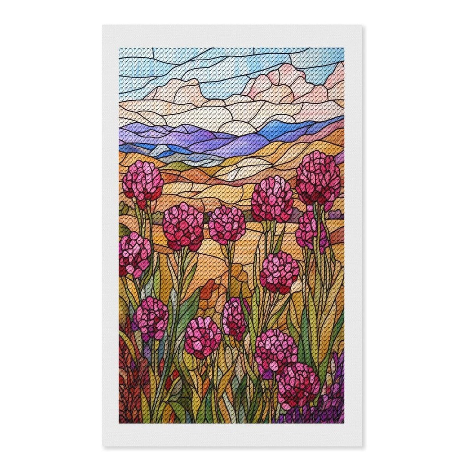 Junmoney Stained Glass Mountain Meadow DIY Diamond Art Canvas Kit 12"x20", Pleasing Wall Art Project, Easy Handmade Project, Living Room Decor