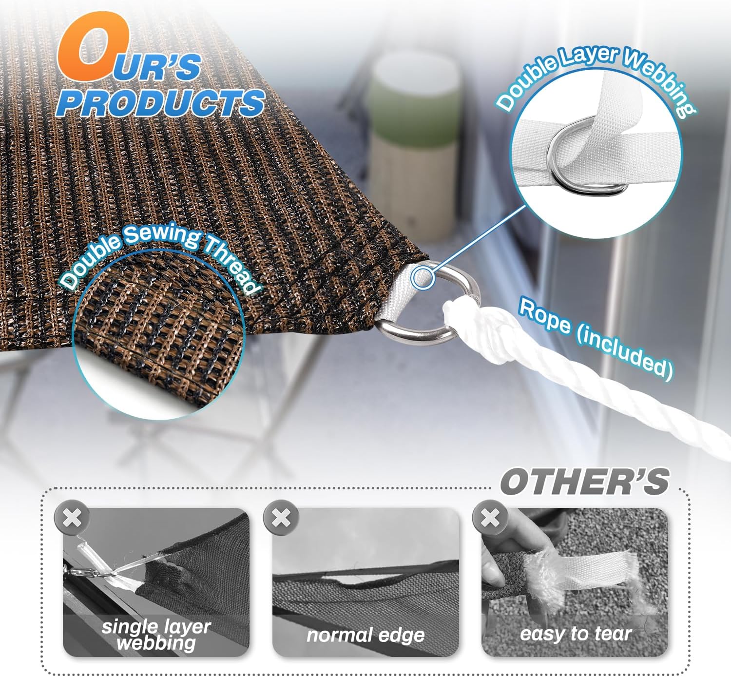 6' x 6' x 6' Sun Shade Sail+Hardware Kit