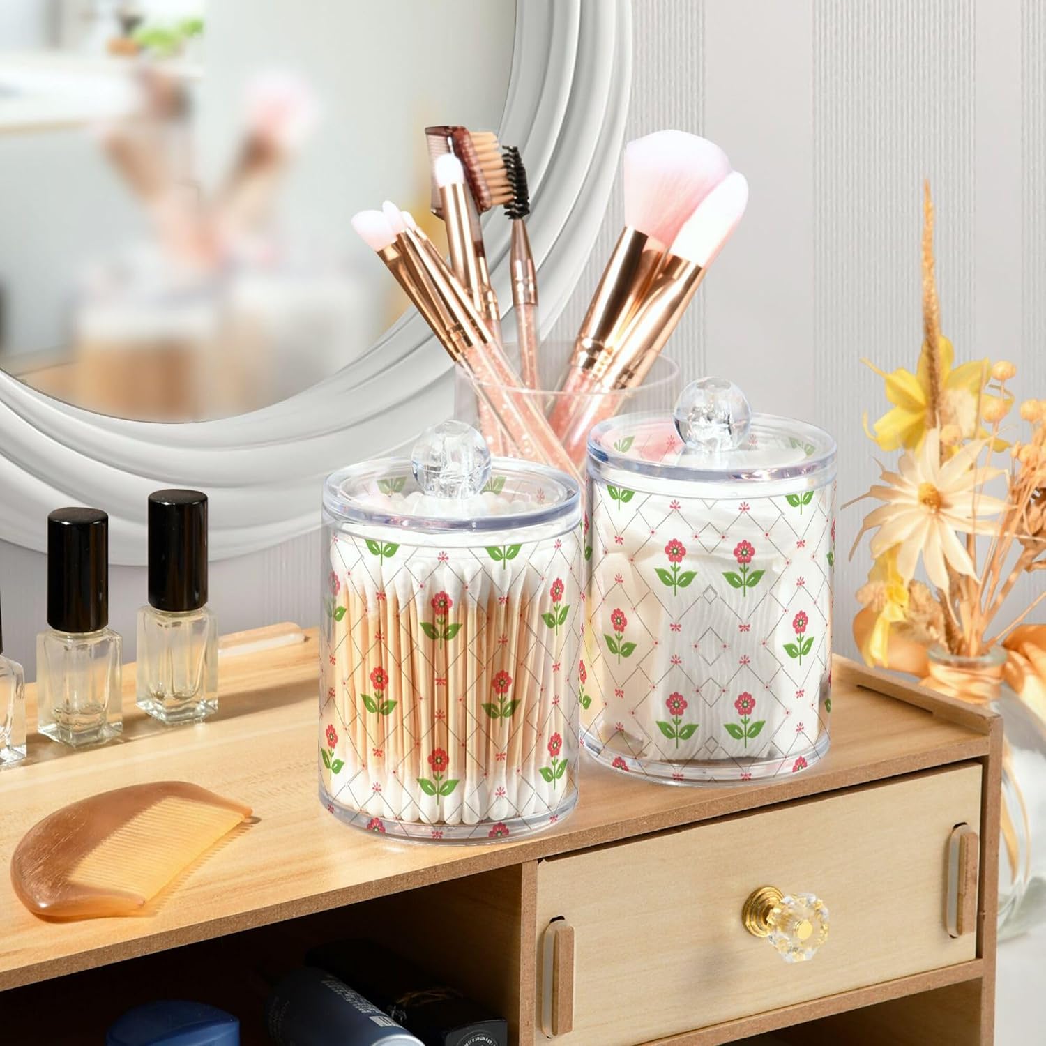 MNSRUU 4 Pack Qtip Holder Organizer Dispenser Plant Flower Bathroom Storage Canister Cotton Ball Holder Bathroom Containers for Cotton Swabs/Pads/Floss