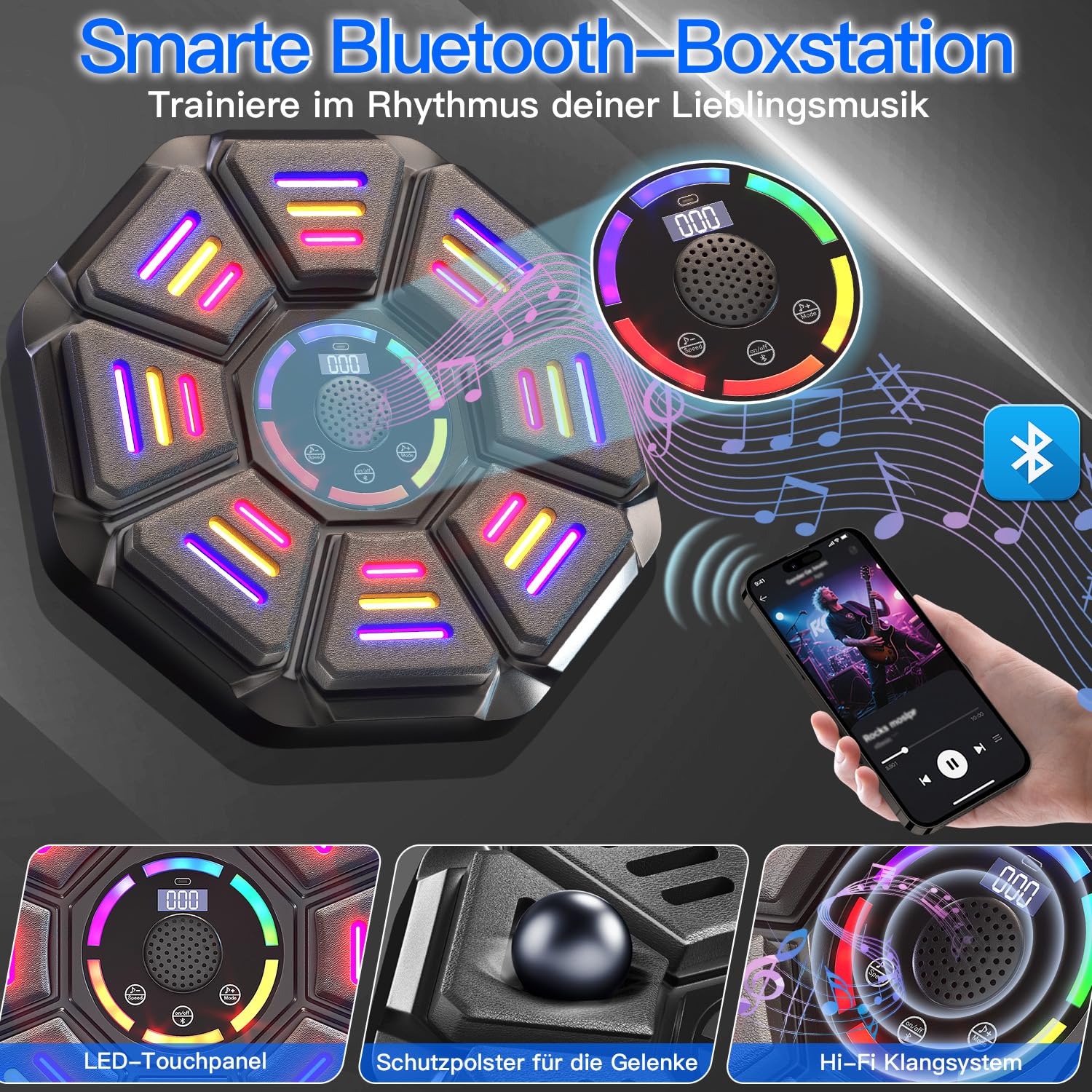 Music Boxing Machine, 8 Targets Boxautomat mit Boxhandschuh, 9 Geschwindigkeit und 9 Modi, Led Licht mit Smart Bluetooth Für Erwachsene und Kinder Übung
