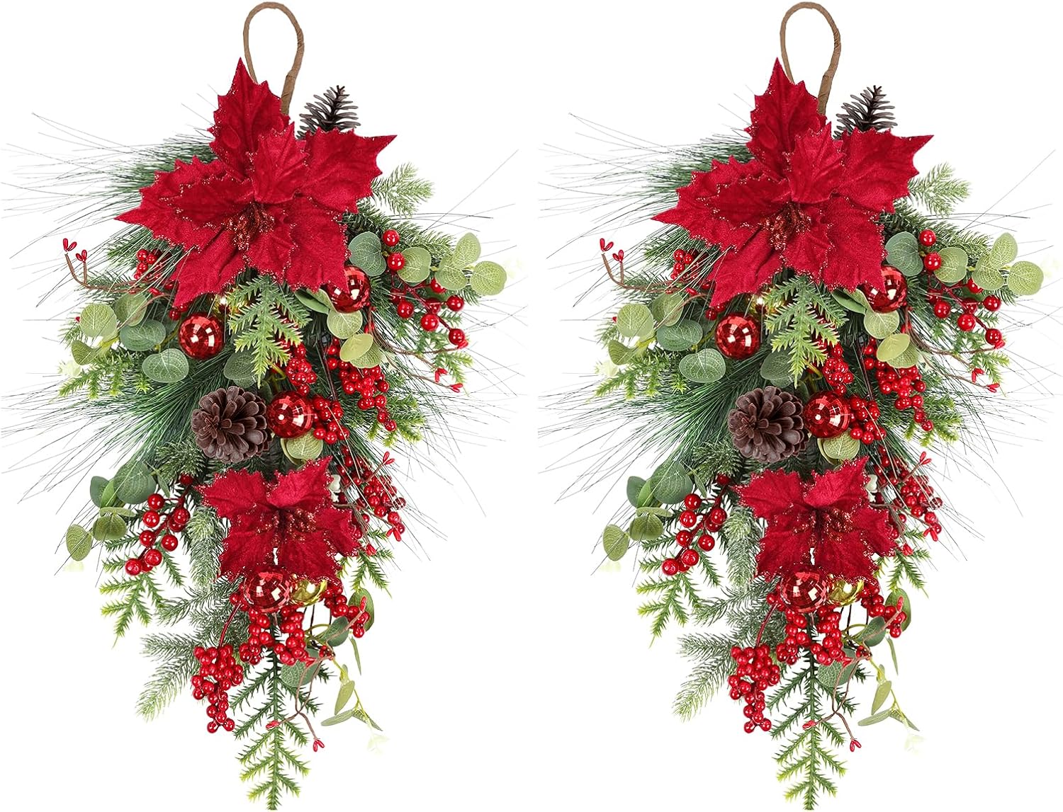 U'Artlines 2 Pcs Christmas Teardrop Swag for Front Door, 26 Inch Artificial Greenery Swag Winter Teardrop Xmas Swags with Red Berries Poinsettia Pine Cones Xmas Balls for Holiday Window Wall Decor