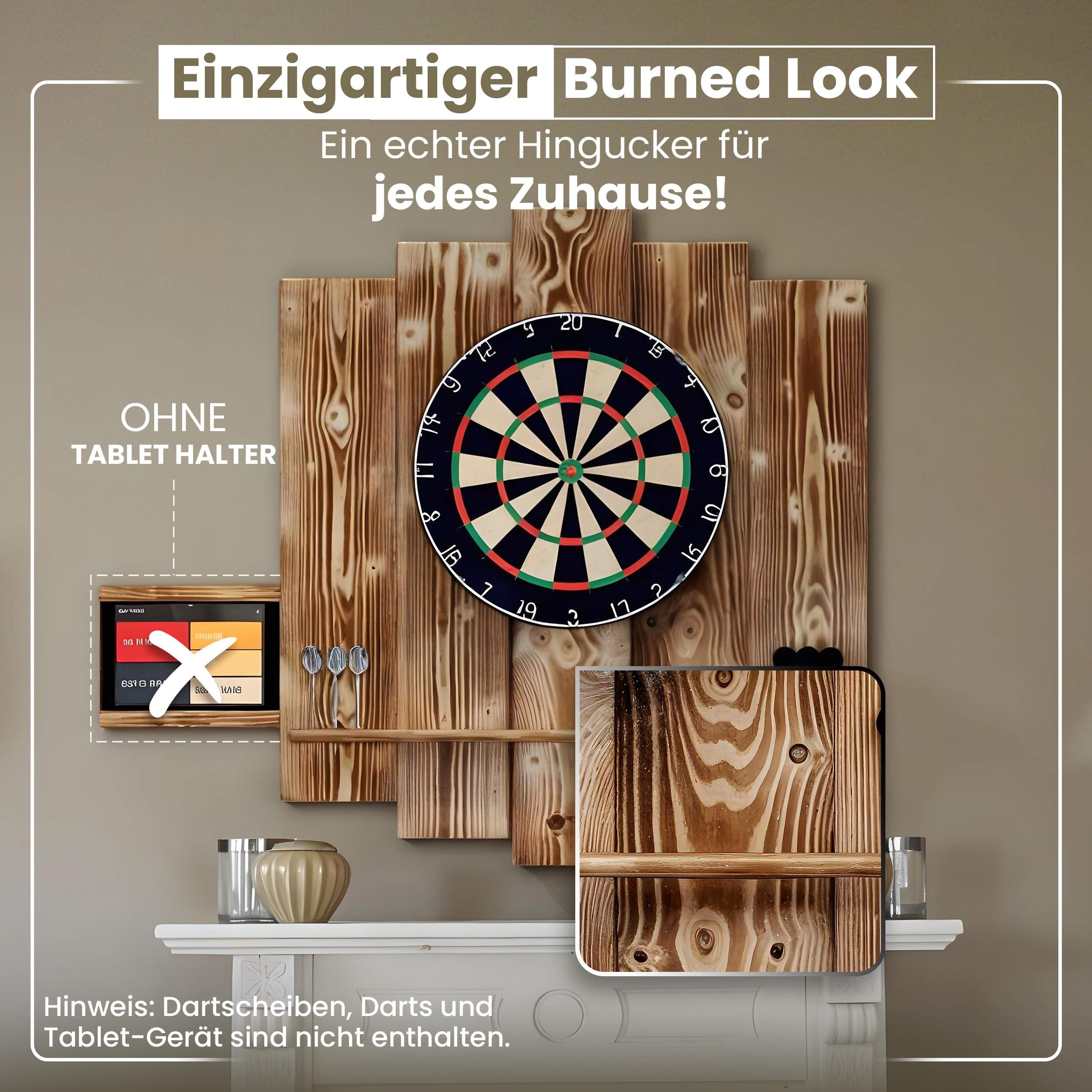 Wooden Dartboard Surround | Premium Dart-Wandschutz & Tablet-Halter (Optional) | Geflammter Burned Look oder Color Design (Catchring, Dart Umrandung, Backboard)