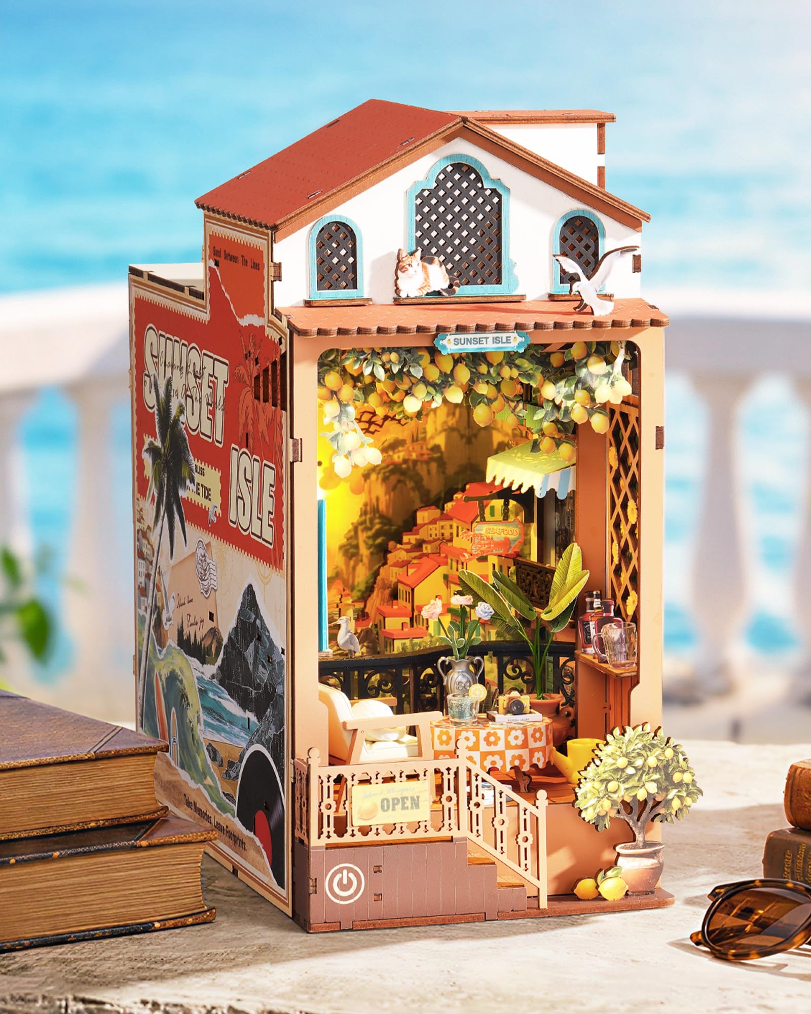 Rolife Book Nook Kits for Adult, Sunset Isle with Touch-Controlled Lights