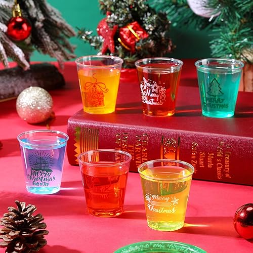 Miniatura 4 de 120 vasos de chupito de plástico con texto en inglés "Merry Christmas" de 2 onzas, vasos de chupito para fiesta de Navidad, vasos desechables a