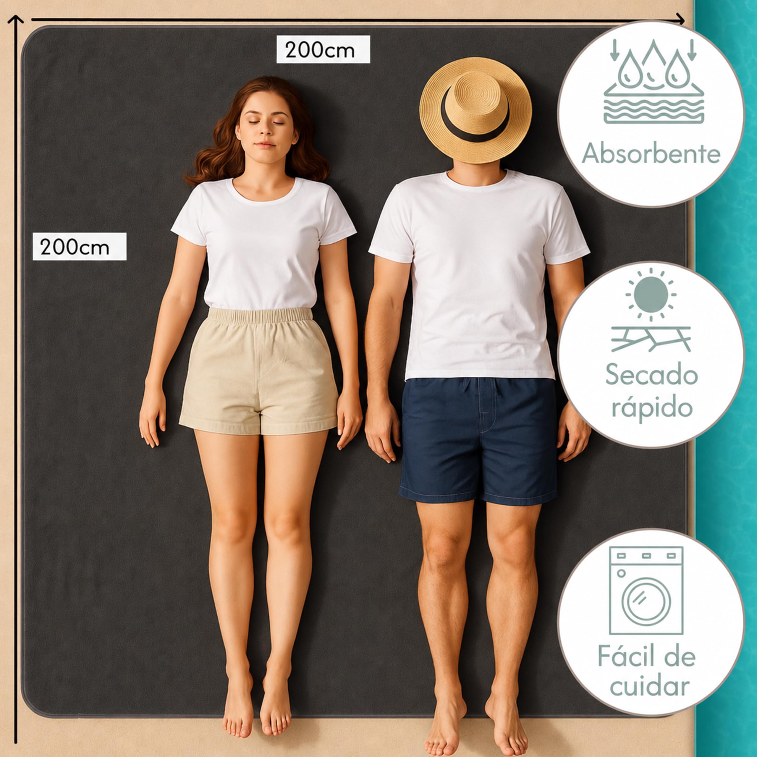 Toalla de playa de rizo, XXL, 200 x 200 cm, grande, 100% algodón, toalla de playa, toalla de playa (200 x 200 cm, beige)