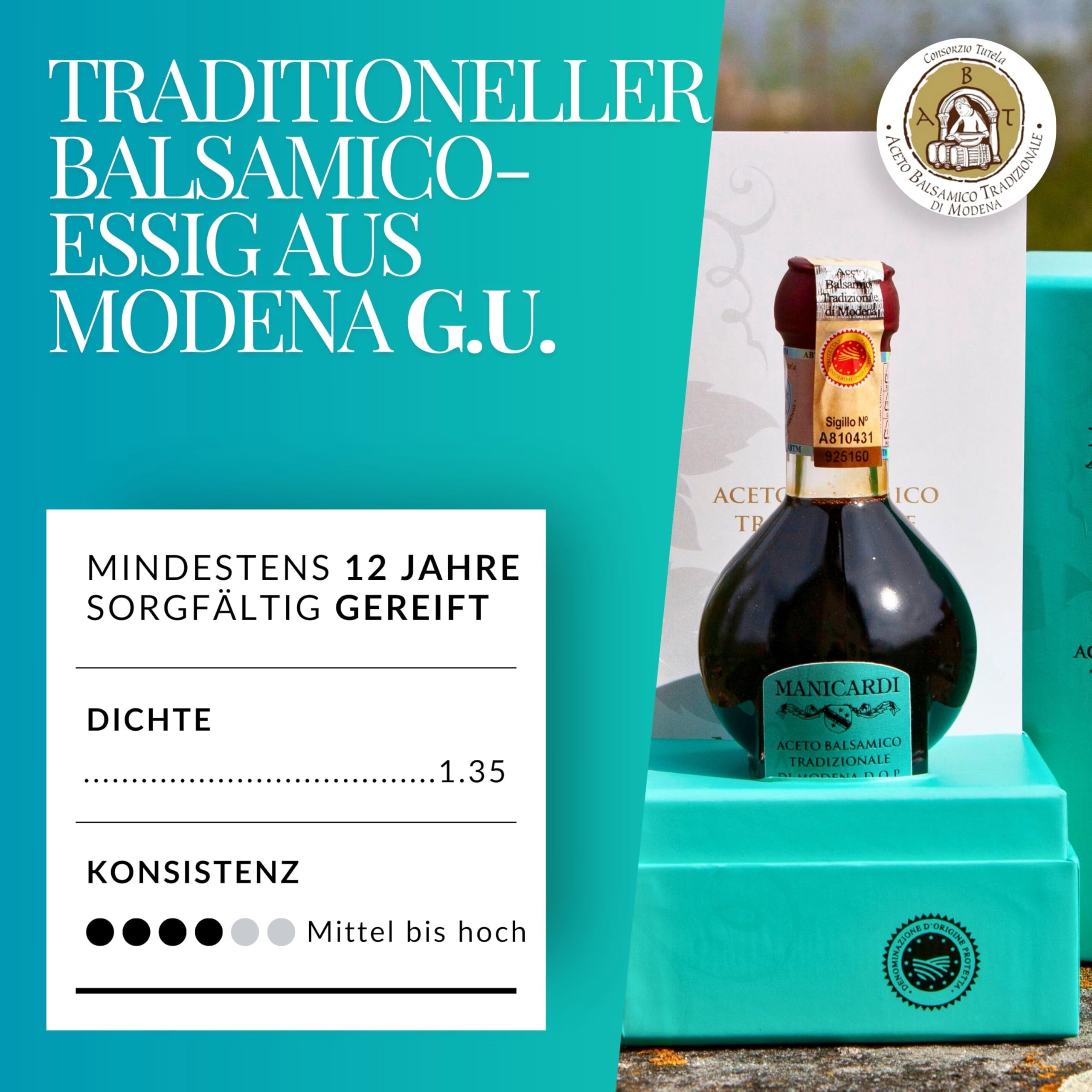 MANICARDI Aceto Balsamico di Modena g.U. Affinato – 12 Jahre gereift – Traditioneller Balsamico Essig aus Italien – Für Salate, Pasta, Fleisch & Gemüse – 100 ml