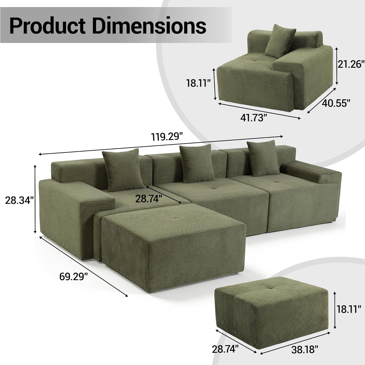 119'' Cloud Sectional Couch, L-Shaped Boneless Sectional Sofa with Chaise, Flexible Module Combination for Living Room, No Assembly, Green