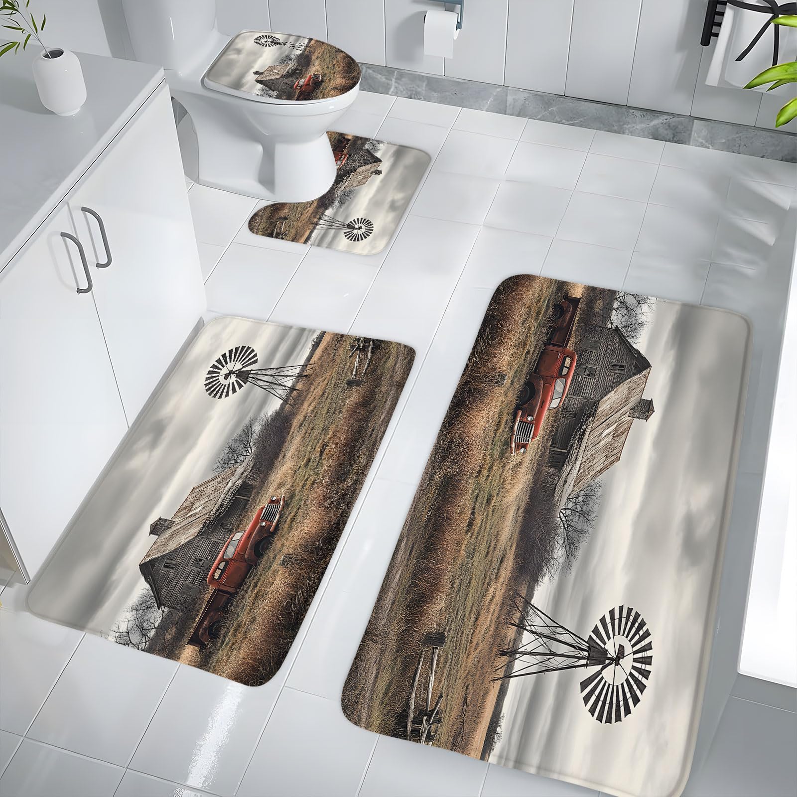 4 Piece Bathroom Rugs Set Vintage Farm Truck Bath Mat Rustic Wooden Barn American Old Antique Car Farmhouse Windmill Western Country Natural Scenery