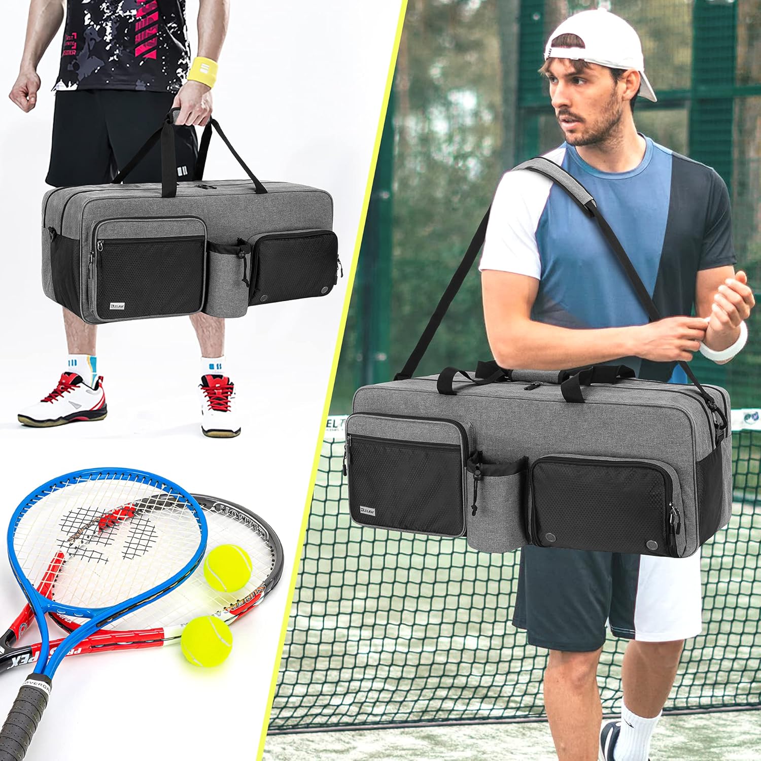 DSLEAF Tennis Duffle Bag with 7 Rackets Capacity, Tennis Racket Bag with Separate Ventilated Shoe Compartment Up to Mens 13 for Tennis/Pickleball/Badminton/Squash Sports, Grey : Sports & Outdoors